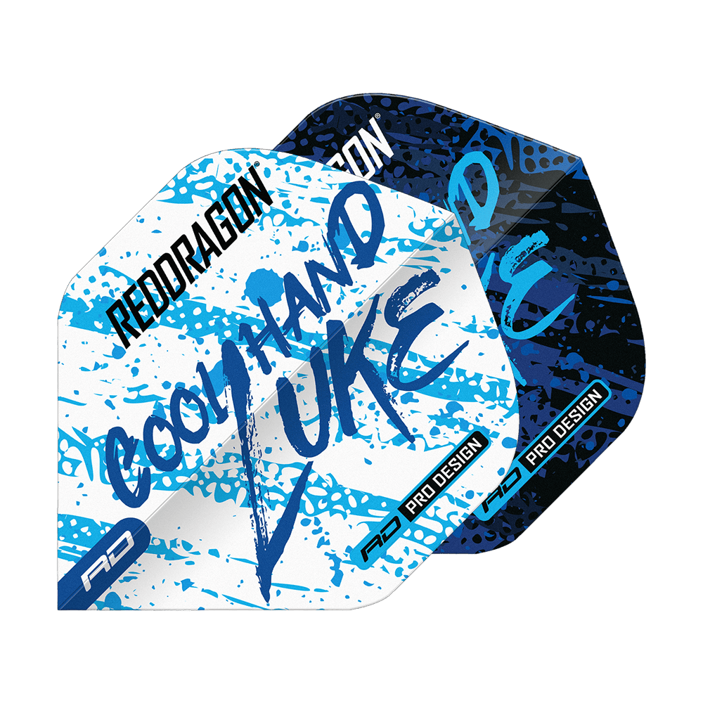 Dragon Rouge Luke Humphries Champion du Monde Bleu Blanc Yin Yang Vols Standards Das Bild zeigt die Red Dragon Luke Humphries World Champion Blue White Yin Yang Standard Flights. Die Flights sind in Blau, Weiß und Schwarz mit auffälligem Schriftzug und Farbspritzern gestaltet.