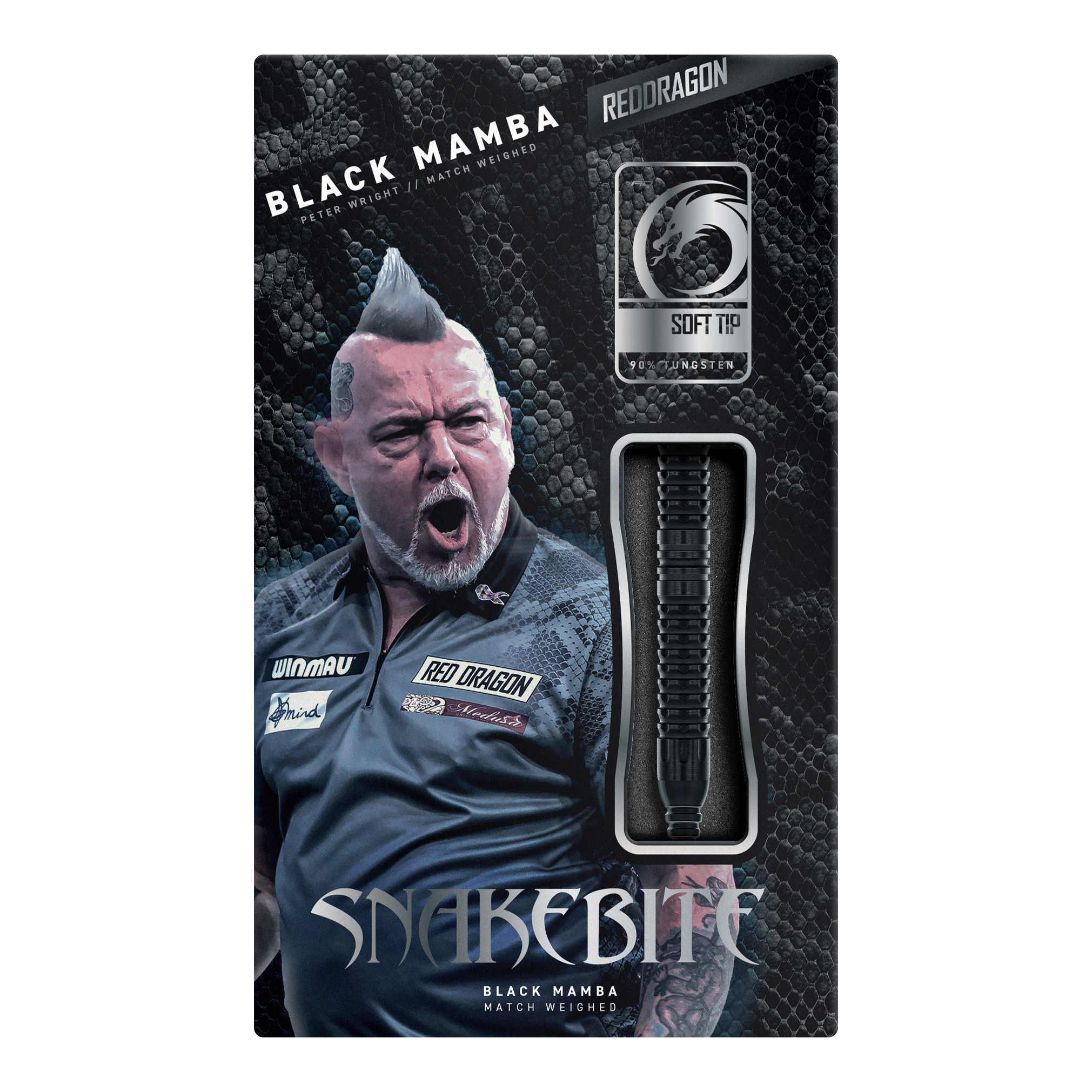 Fléchettes souples Red Dragon Peter Wright Snakebite Black Mamba - 20 g Dargestellt ist der Red Dragon Peter Wright Snakebite Black Mamba Softdart mit 20g. Dieser Softdart richtet sich an ambitionierte Spieler und besticht durch hohe Qualität.