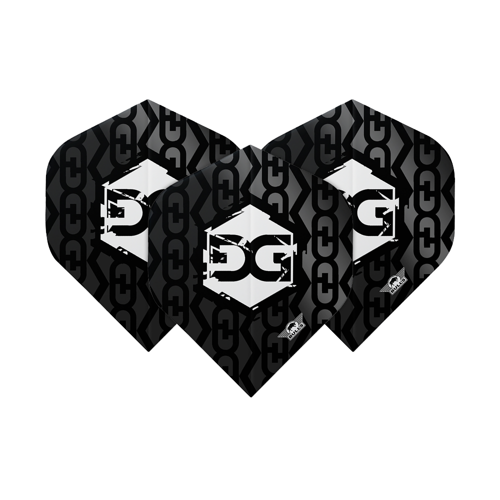 BU50921_Bulls_NL_Player_100_Martijn_Kleermaker_80_No2_Standard_Flights_1FMERIC5AFrZQG Das Bild zeigt drei schwarze Dartflights mit einem Kettenglied-Muster. In der Mitte befindet sich ein weißes Logo mit den Buchstaben "MK".