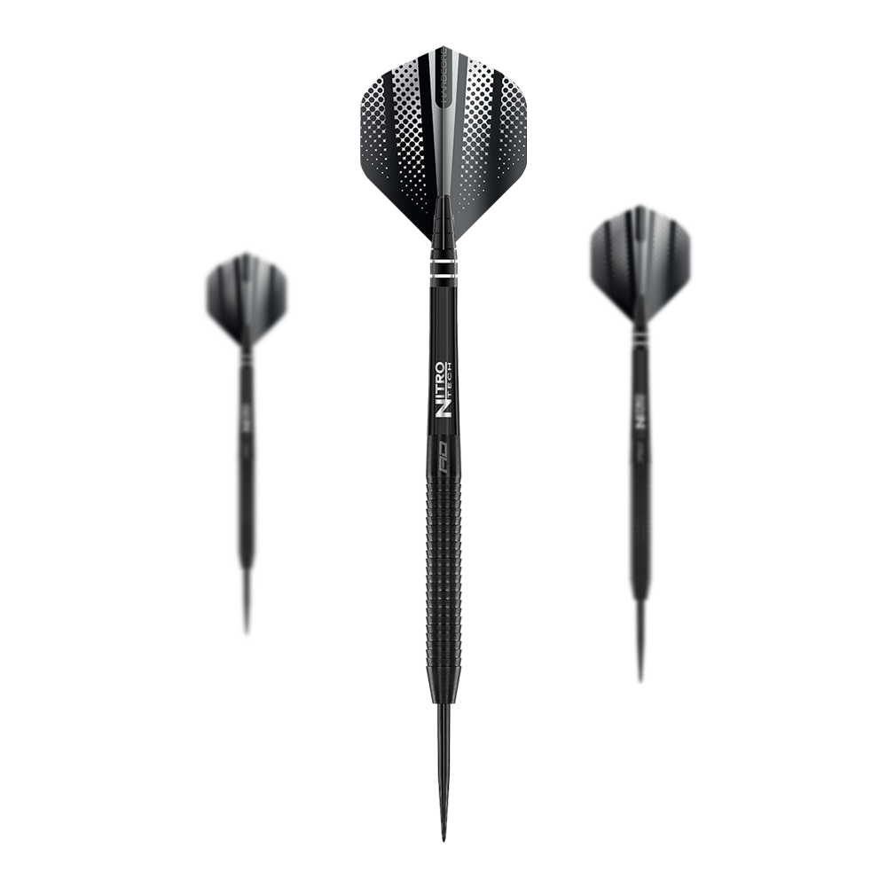 Fléchettes en acier Red Dragon Razor Edge Black Das Bild zeigt drei Red Dragon Razor Edge Black Steeldarts. Die Darts sind schwarz und haben ein modernes, punktiertes Design auf den Flights.