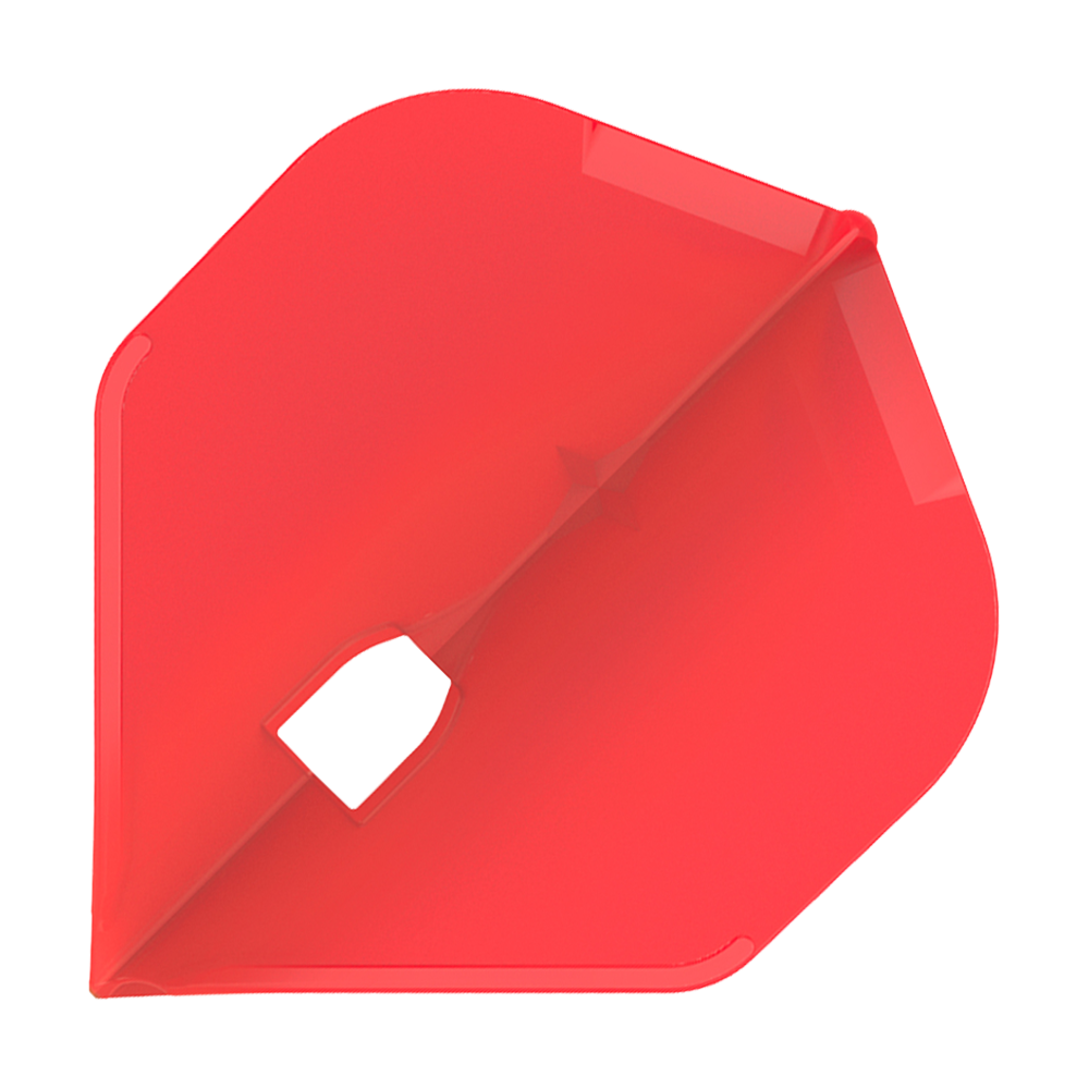 Auf dem Bild ist ein rotes Dartflight zu sehen. Es hat eine klassische Form und eine kleine Öffnung in der Mitte.