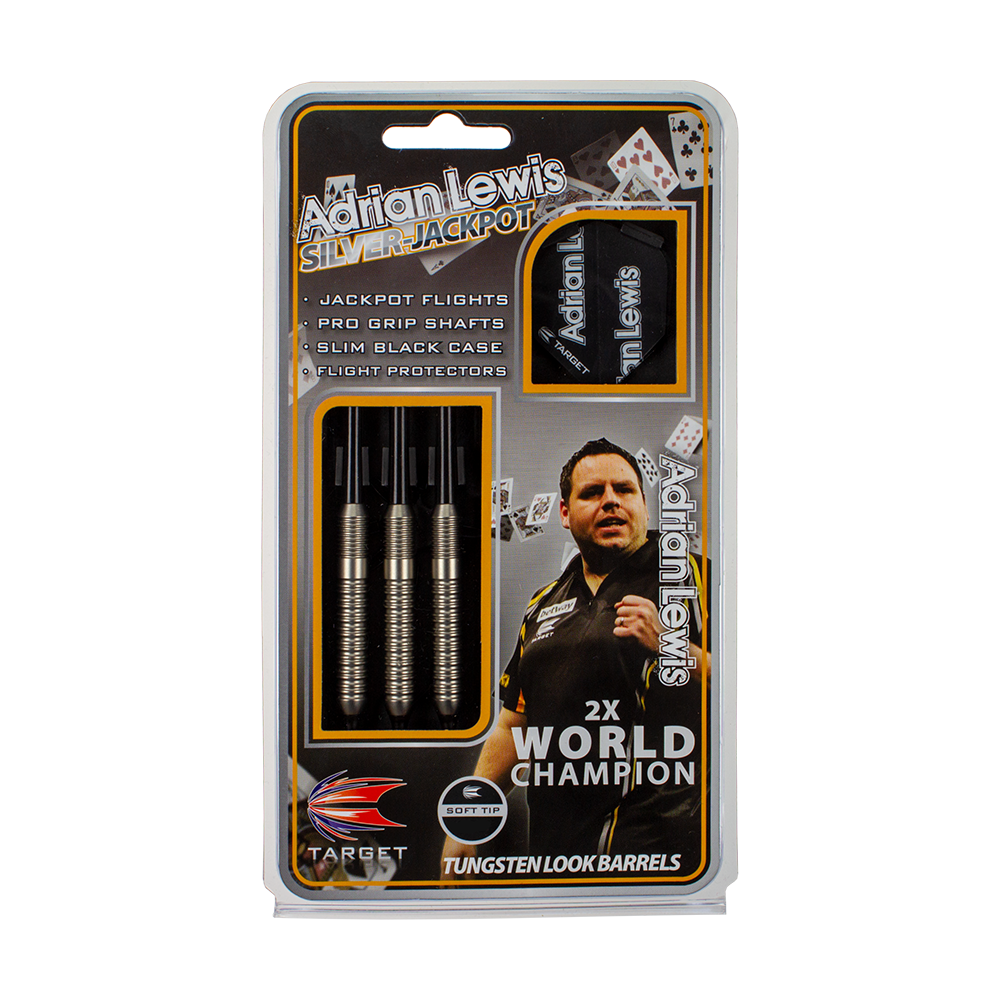 100540_Target_Adrian_Lewis_Silver_Jackpot_Softdarts_3 Das Bild zeigt das Produkt "Target Adrian Lewis Silver Jackpot Softdarts - 18g" in seiner Verpackung. Auf der Verpackung sind drei Dartpfeile, Zubehör sowie ein Bild eines Dartspielers abgebildet.