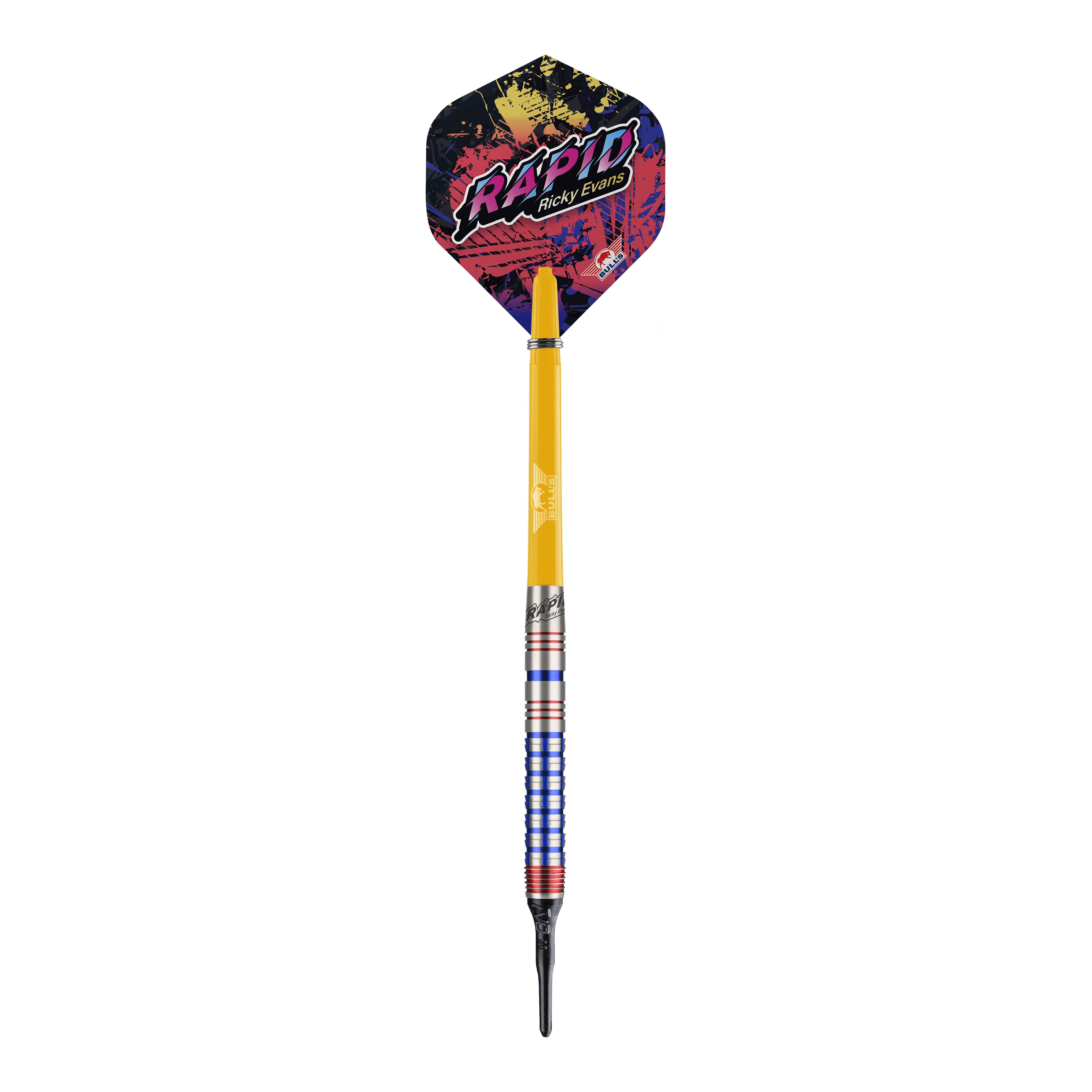 Bulls NL Ricky Evans Rapid Edition One Fléchettes souples - 20 g Das Bild zeigt einen Softdart aus der Serie "Bulls NL Ricky Evans Rapid Edition One" mit einem Gewicht von 20 Gramm. Der Dart hat bunte Akzente, einen gelben Schaft und eine auffällige Flights mit dem Schriftzug "RAPID Ricky Evans".