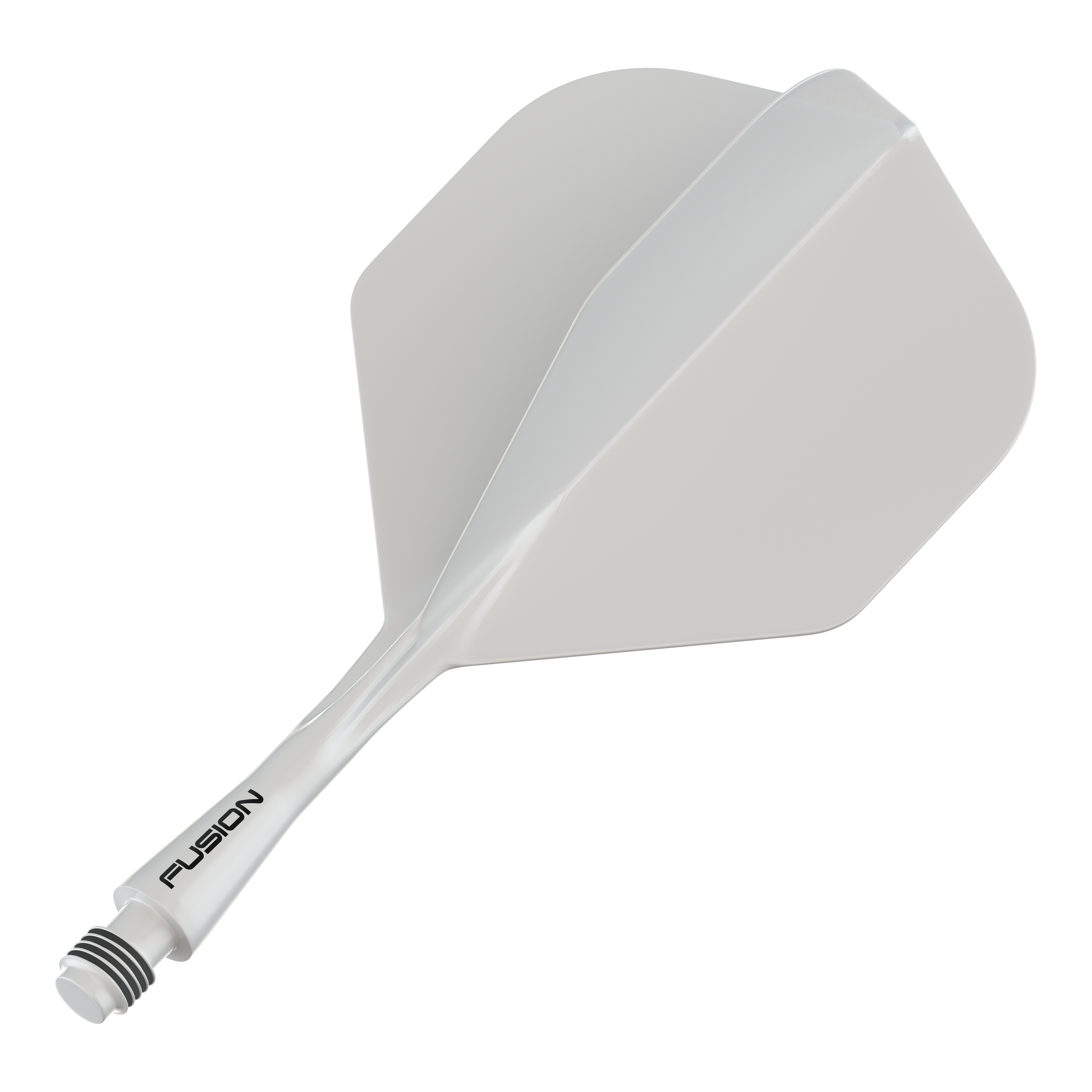 Système d'arbre de vol Winmau Fusion Standard Blanc Das Bild zeigt ein weißes Dartflug- und Schaftsystem. Auf dem Schaft ist das Wort "FUSION" zu sehen.