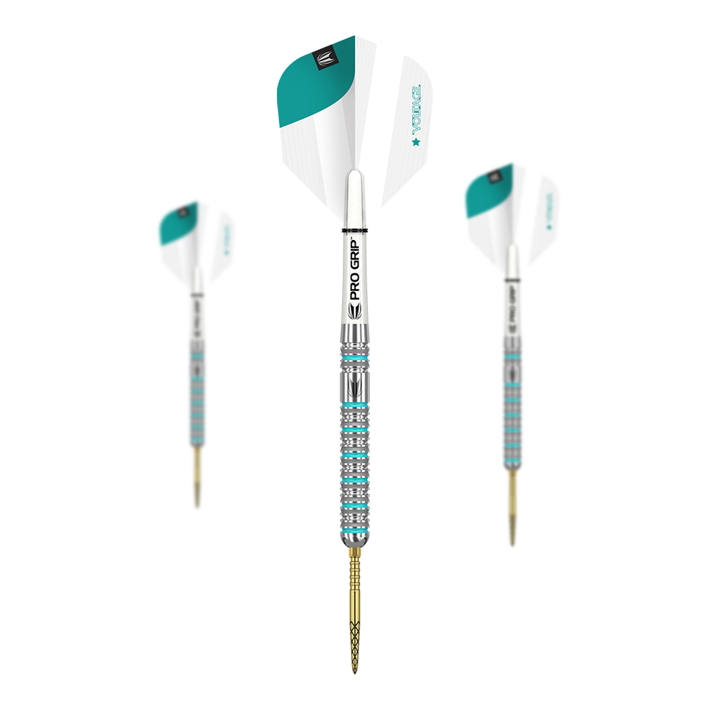Fléchettes en acier Target Rob Cross GEN2 Swiss Point Das Bild zeigt drei Target Rob Cross GEN2 Swiss Point Steeldarts. Die Darts haben silberne und türkisfarbene Details sowie weiße Flights mit PRO GRIP Schäften.