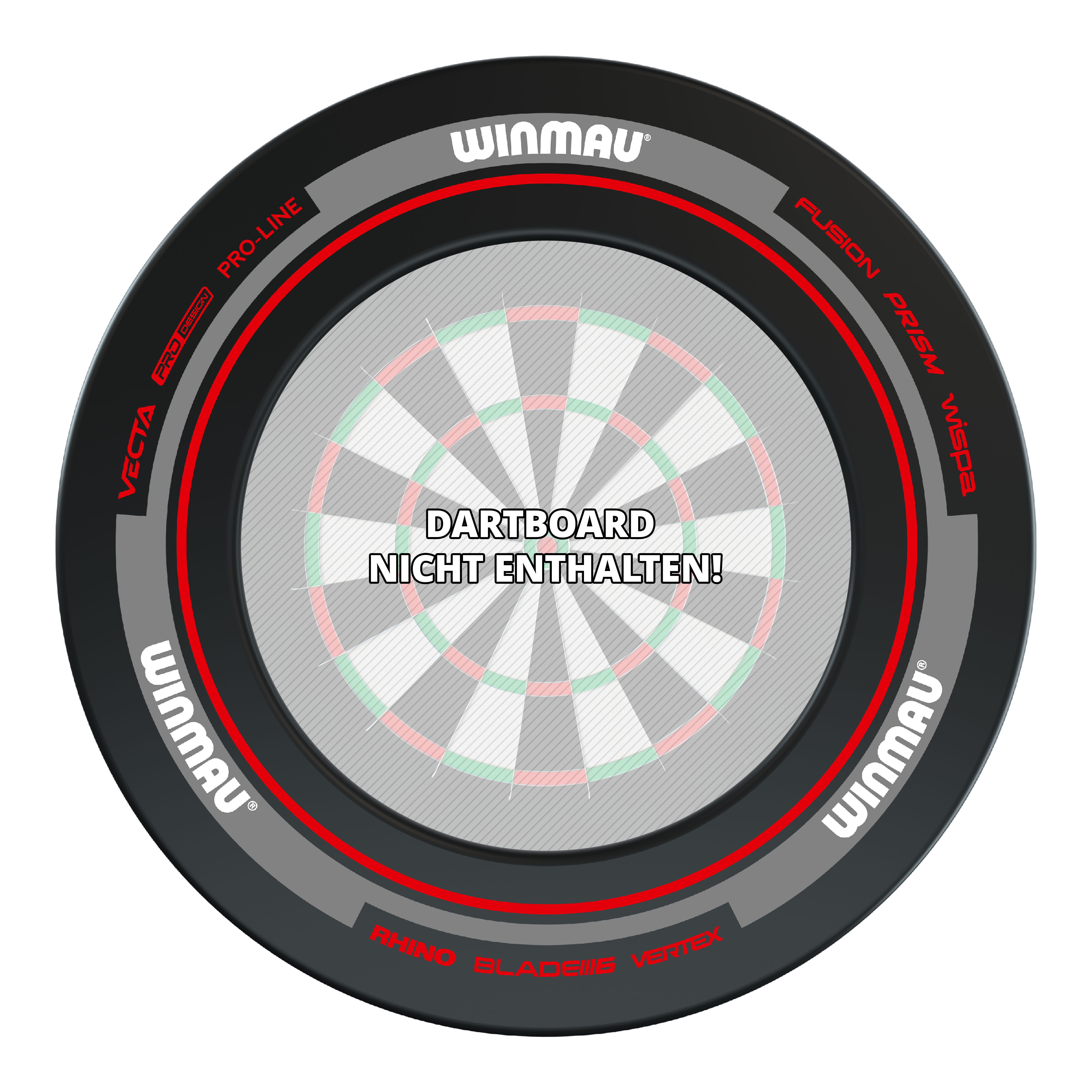 Cadre de cible de fléchettes Winmau Advance - Noir et rouge Das Bild zeigt das Produkt "Winmau Advance Dartboard Surround" in Schwarz und Rot. In der Mitte steht der Hinweis: "Dartboard nicht enthalten!"