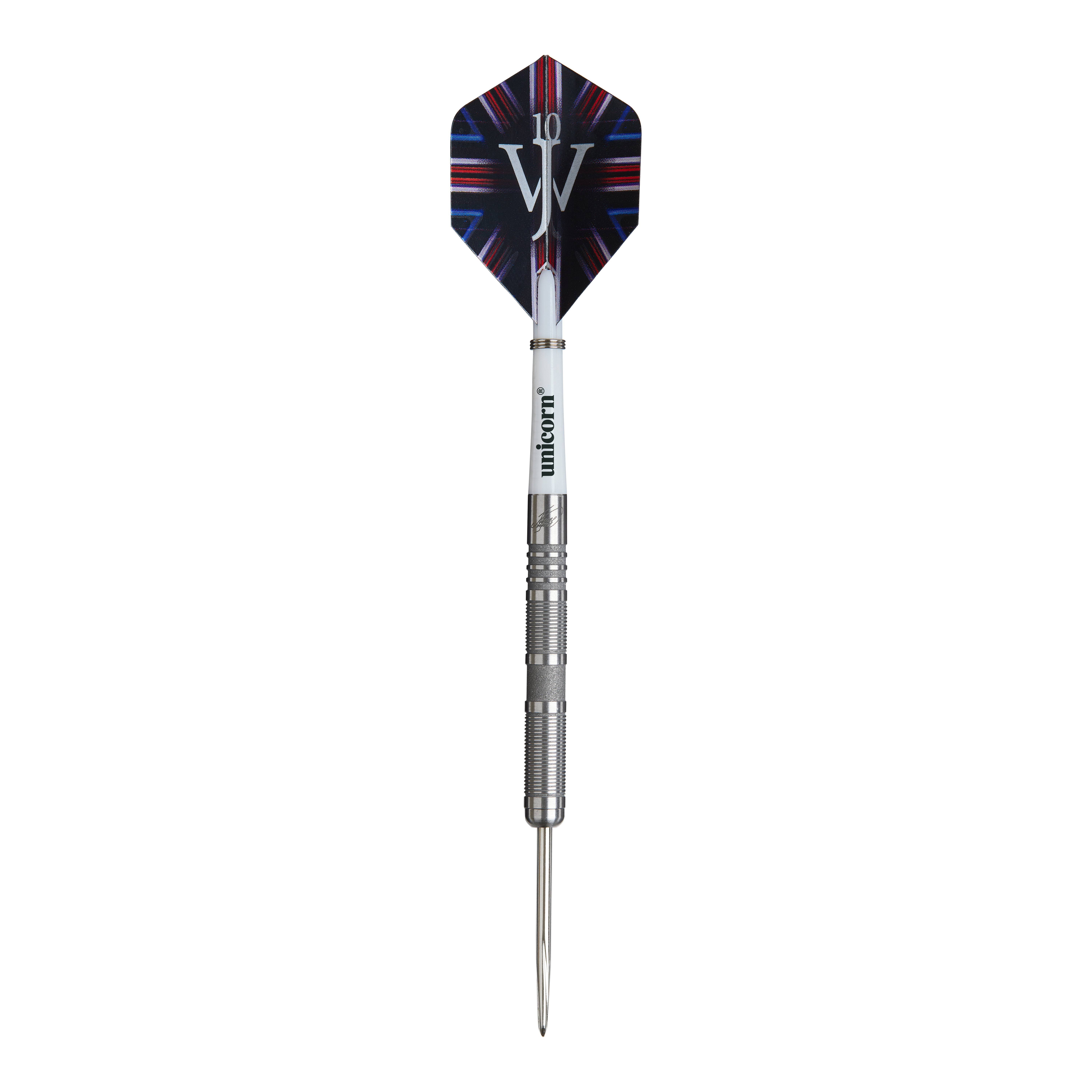 Fléchettes en acier Unicorn James Wade The Machine Range Phase 4 Das Bild zeigt einen Steeldartpfeil aus der Produktreihe „Unicorn James Wade The Machine Range Phase 4“. Der Dartpfeil hat eine silberne Spitze und einen Flight mit buntem Design und den Buchstaben „JW“.