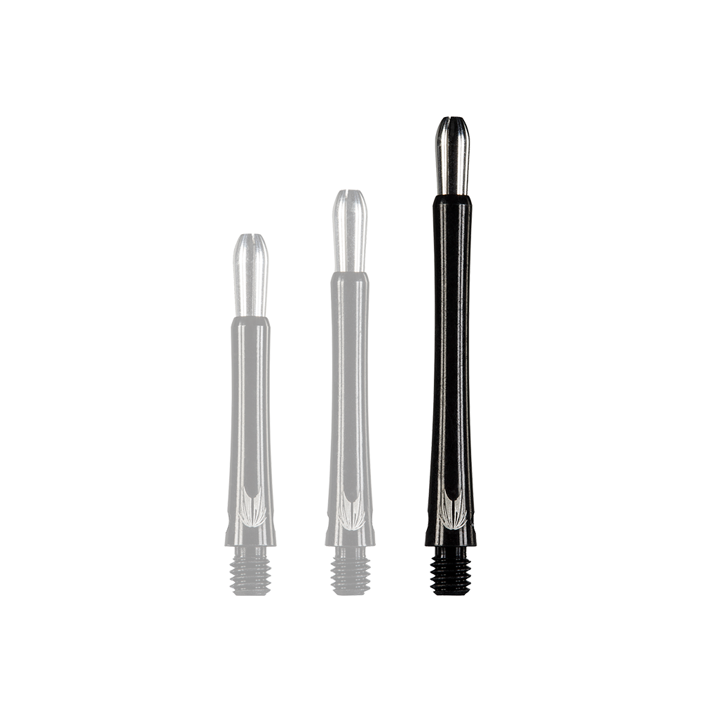 Das Bild zeigt drei schwarze Aluminiumschäfte für Darts in unterschiedlichen Längen. Die Schäfte haben silberne Details an den Enden.