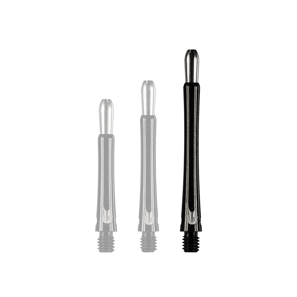 146210_Target_Grip_Style_Aluminium_Shafts_Schwarz_485mm_1dTTfEOE7NtZXb Das Bild zeigt drei schwarze Aluminiumschäfte für Darts in unterschiedlichen Längen. Die Schäfte haben silberne Details an den Enden.
