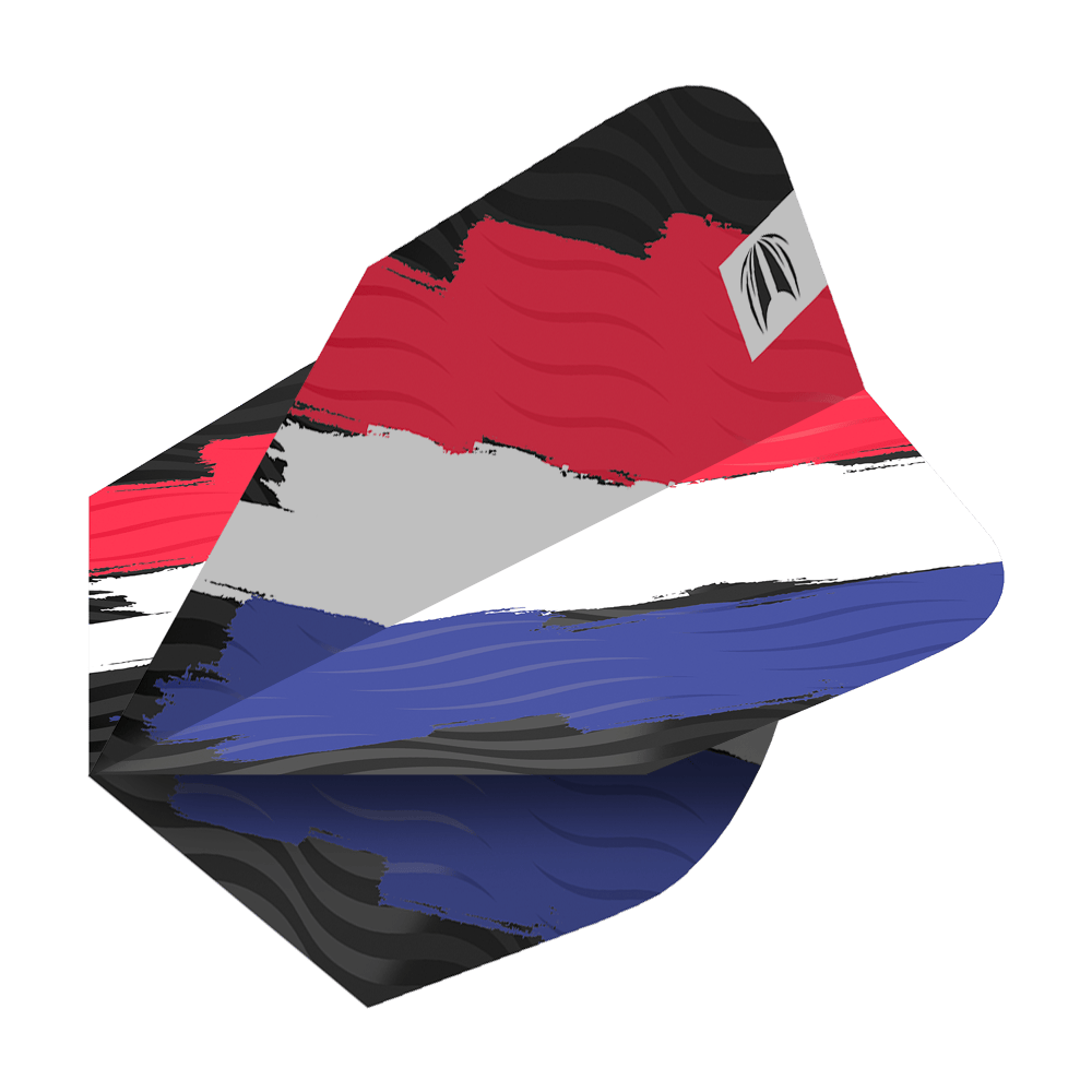 Das Bild zeigt das Produkt "Target Pro Ultra Flag Holland Ten-X Flights". Die Dart-Flights sind in den Farben der niederländischen Flagge gestaltet: Rot, Weiß und Blau.