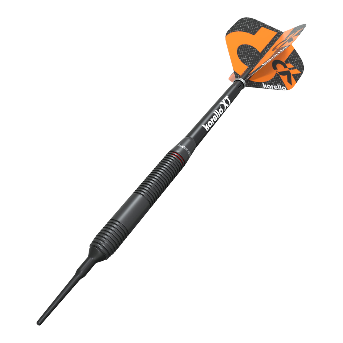 Karella Daniel Klose fléchettes souples Auf dem Bild ist der Karella Daniel Klose Softdart zu sehen. Der Dartpfeil hat ein schwarzes Gehäuse mit orangenen Flights und dem Karella-Logo.