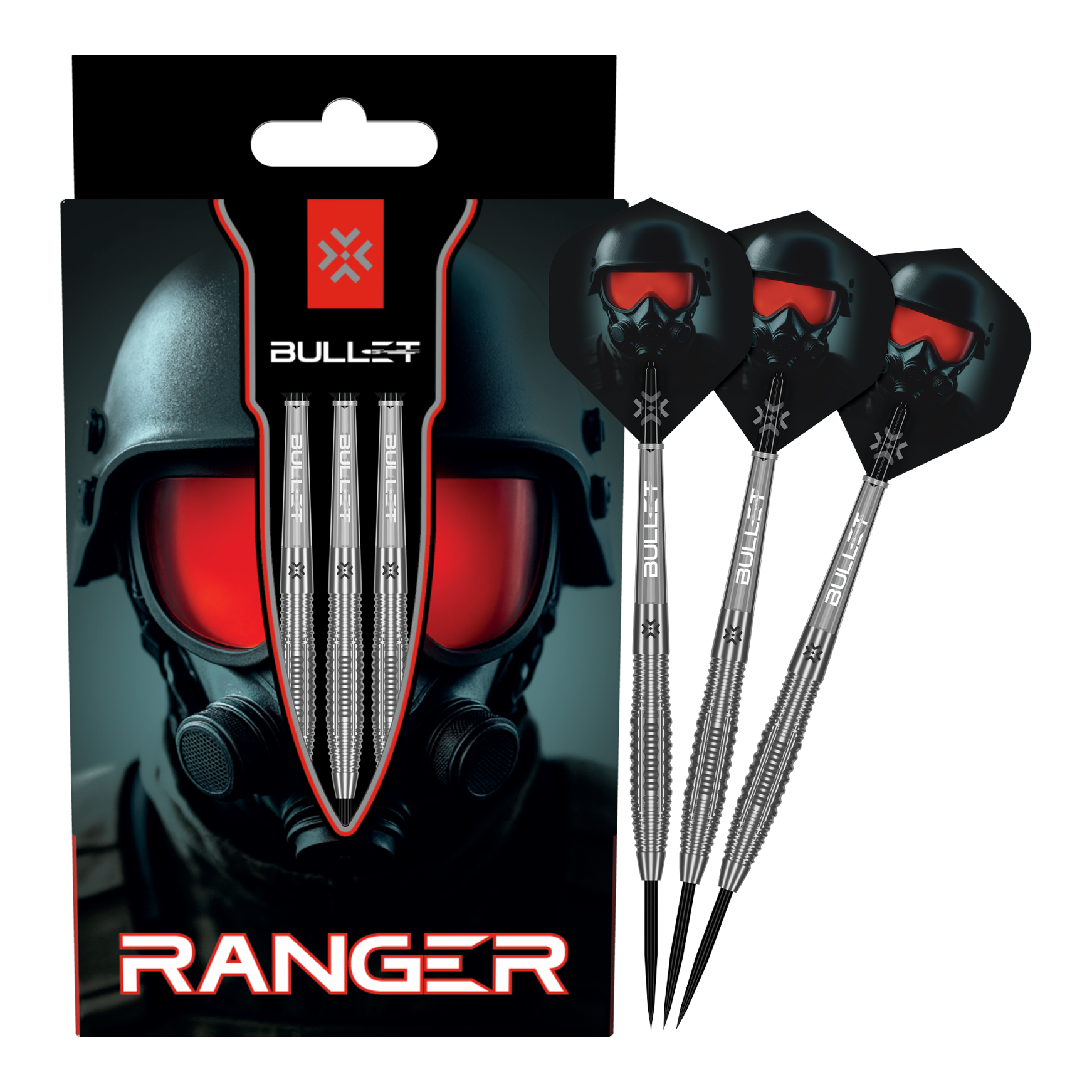 fléchettes en acier Bullet Ranger Auf dem Bild ist das vollständige Set der Bullet Ranger Steeldarts zu sehen. Die Steeldarts werden für Präzisionswürfe verwendet.