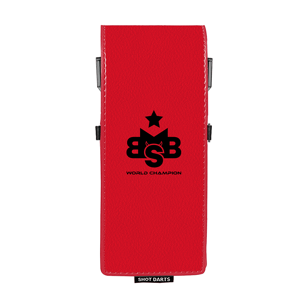 Shot Michael Smith World Champion Drop-In Dartcase - Rot Das Bild zeigt ein rotes Dartcase mit der Aufschrift "World Champion" und einem schwarzen Logo. Unten am Case befindet sich ein kleines Schild mit dem Text "Shot Darts".