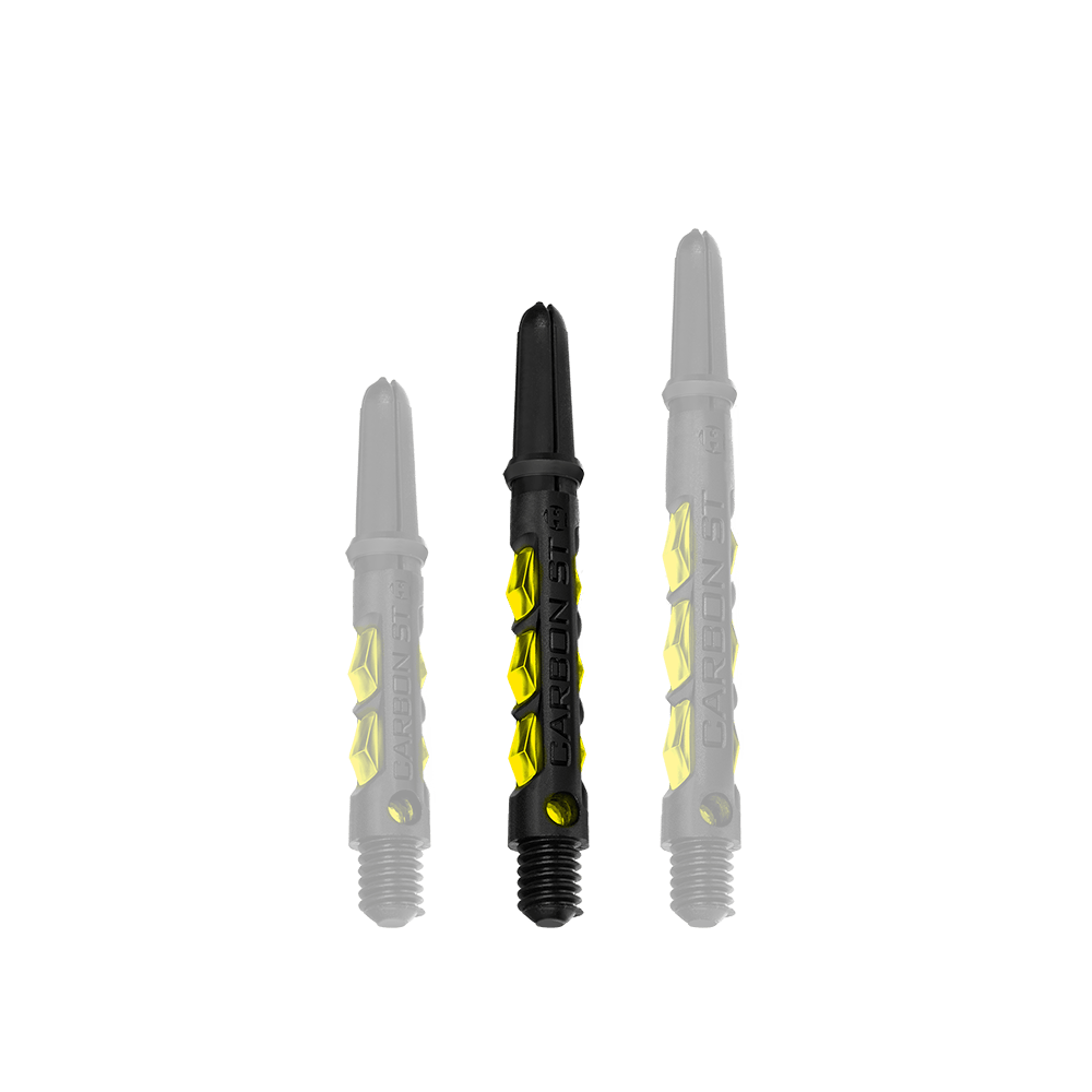 HR420_Harrows_Carbon_ST_Shafts_Gelb_40mm_1 Das Bild zeigt drei Harrows Carbon ST Shafts in der Farbe Gelb. Die Dartschäfte sind schwarz mit gelben Akzenten und in unterschiedlichen Längen abgebildet.