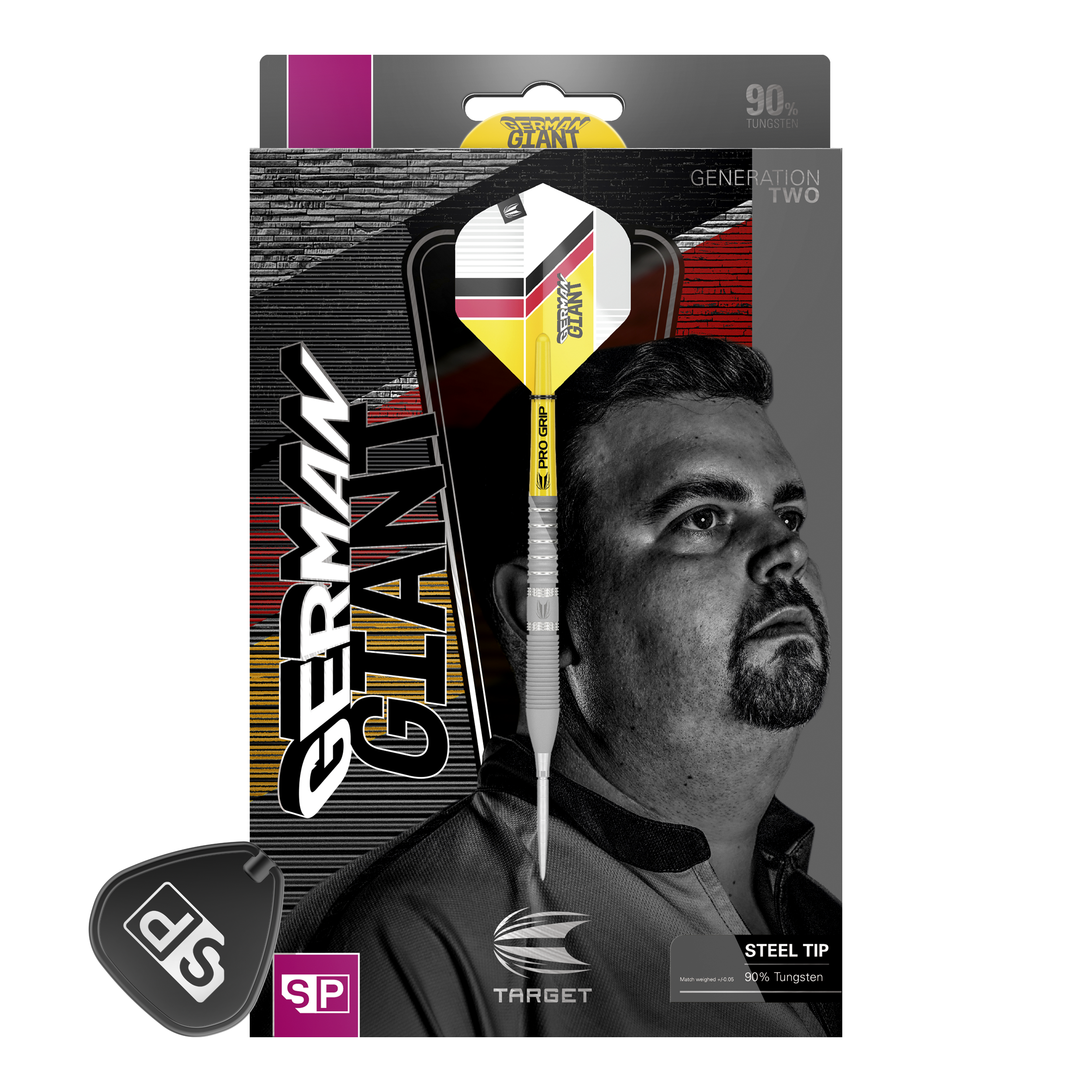 Fléchettes en acier Target Gabriel Clemens GEN2 Swiss Point Auf der Verpackung ist ein Steeldart mit gelbem, weißem und schwarzem Design abgebildet. Im Hintergrund sieht man das Porträt eines Mannes sowie den Schriftzug „GERMAN GIANT“.