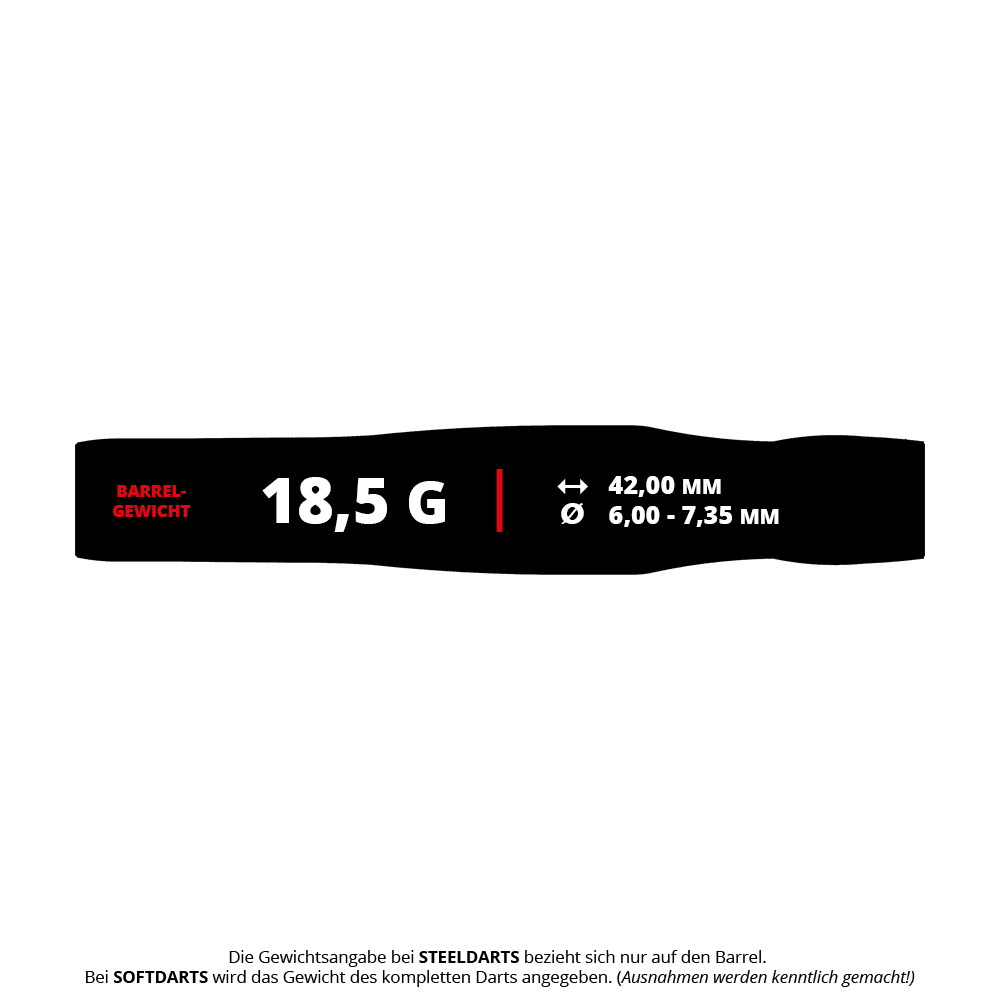 Fléchettes souples Target Japan Crux Brave - 18,5 g Das Bild zeigt die Produktdaten der "Target Japan Crux Brave Softdarts - 18,5g". Es werden das Barrelgewicht von 18,5 g, die Länge von 42,00 mm und der Durchmesser von 6,00 - 7,35 mm angezeigt.