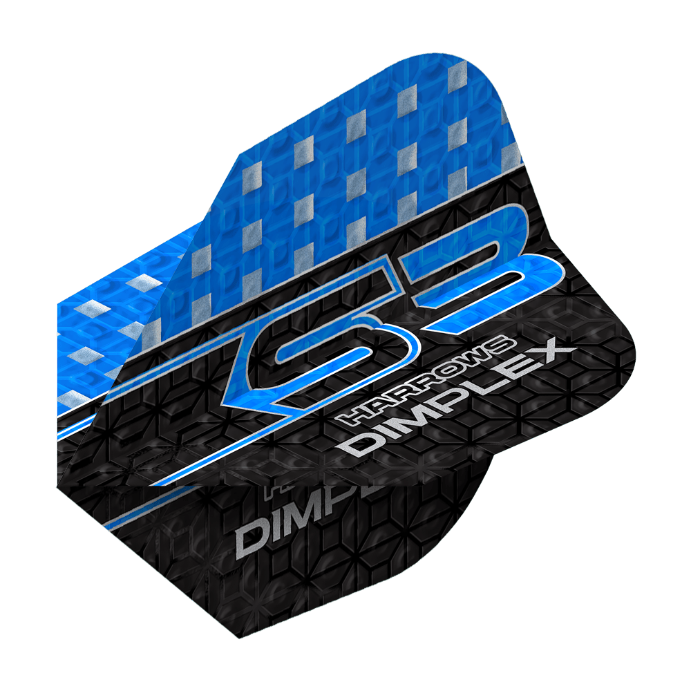 Volets Harrows Dimplex S3 - Bleu Das Bild zeigt ein Harrows Dimplex S3 Flight in Blau. Das Flight hat ein blau-schwarzes Design mit silbernen Akzenten und der Aufschrift "S3 Harrows Dimplex".