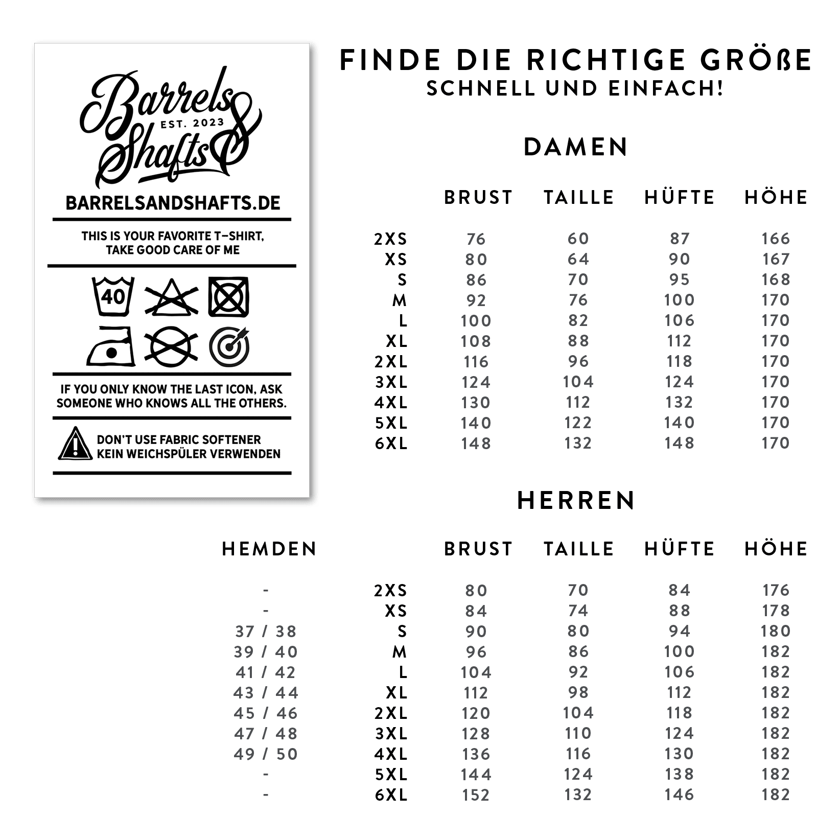 Sweat à capuche Barrels and Shafts - Noir Das Bild zeigt die Größentabelle für das Produkt "Barrels and Shafts Hoodie - Schwarz" für Damen und Herren. Links sind außerdem Pflegehinweise für das Produkt abgebildet.