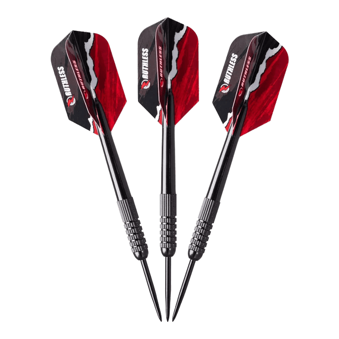 Ensemble de mini-cibles de fléchettes de bureau Ruthless Das Bild zeigt drei Darts aus dem Ruthless Mini Desktop Dartboard Set. Die Darts haben schwarze Spitzen und auffällige schwarz-rote Flights.