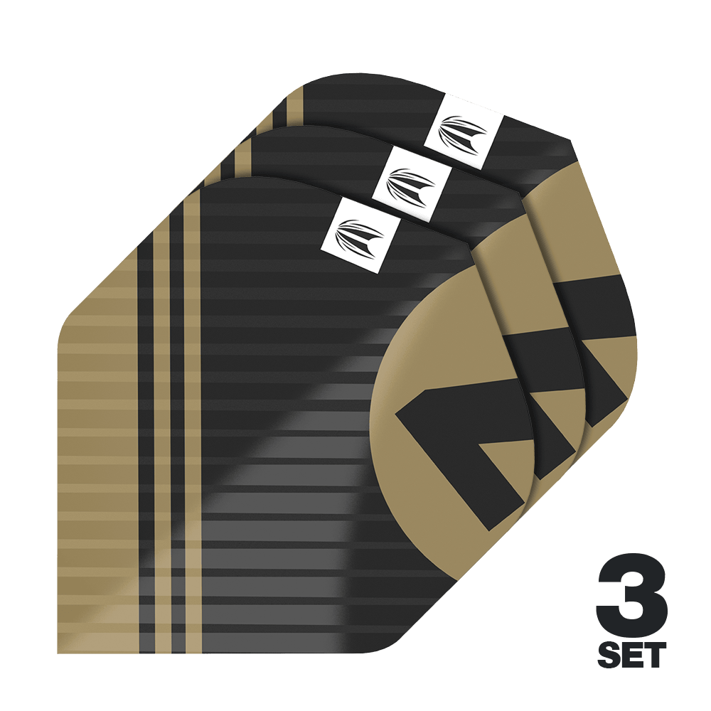 Das Bild zeigt drei Sätze von Target Pro Ultra Chicane Black No2 Standard Flights. Die Flights sind schwarz-gold gestreift und besitzen ein modernes Design mit einem weißen Logo.