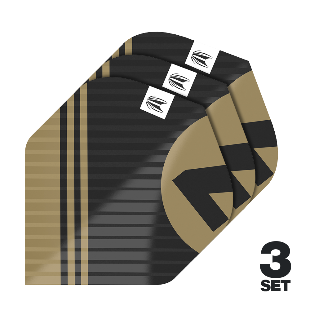 Ailettes standard Target Pro Ultra Chicane Black No2 - 3 jeux Das Bild zeigt drei Sätze von Target Pro Ultra Chicane Black No2 Standard Flights. Die Flights sind schwarz-gold gestreift und besitzen ein modernes Design mit einem weißen Logo.