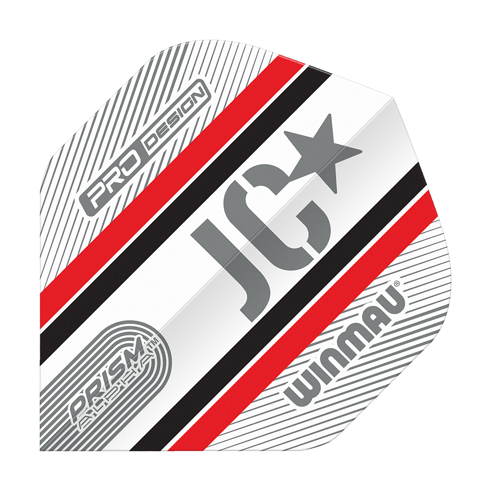 Vols standard Winmau Alpha Joe Cullen Cullen 85 Das Bild zeigt ein Winmau Alpha Joe Cullen 85 Standard Flight für Dartpfeile. Das Flight ist weiß mit roten, schwarzen und grauen Streifen sowie den Aufdrucken "JC", "PRO DESIGN" und "WINMAU".
