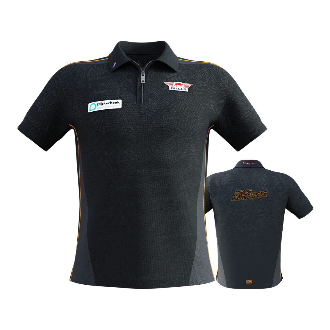 Maillot de match Bulls NL Dirk Van Duijvenbode 2025 Das Bild zeigt das "Bulls NL Dirk Van Duijvenbode Matchshirt 2025" in dunklem Design mit dezenten Mustern und orangenen Akzenten. Auf der Vorderseite sind Logos und Sponsoren zu sehen, während auf der Rückseite der Name "Dirk van Duijvenbode" steht.