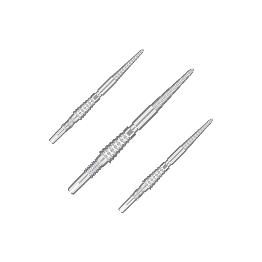 Pointes de fléchettes Target Swiss Storm LNC - argent Das Bild zeigt drei silberne Dartspitzen, die nebeneinander angeordnet sind. Sie haben eine geriffelte Struktur und sind aus Metall gefertigt.
