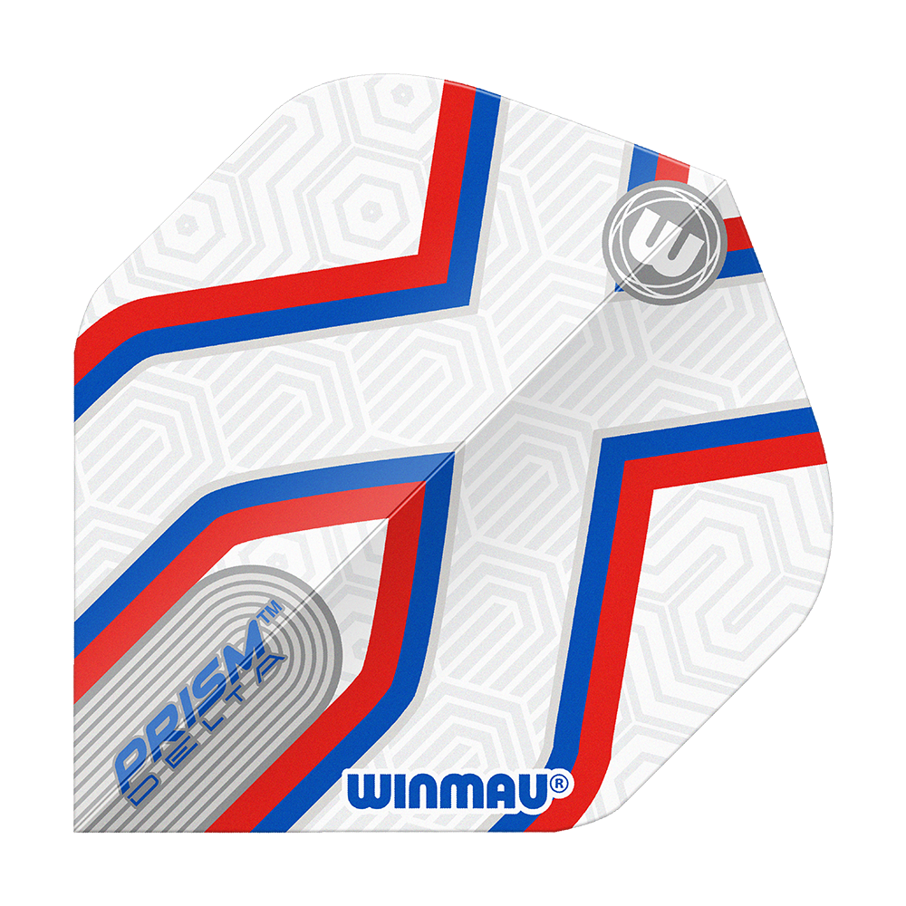 Vols standard Winmau Prism Delta Epix No2 Das Bild zeigt ein Winmau Prism Delta Epix No2 Standard Flights Dartflugblatt. Es ist weiß mit roten und blauen Linien und dezentem geometrischem Muster gestaltet.