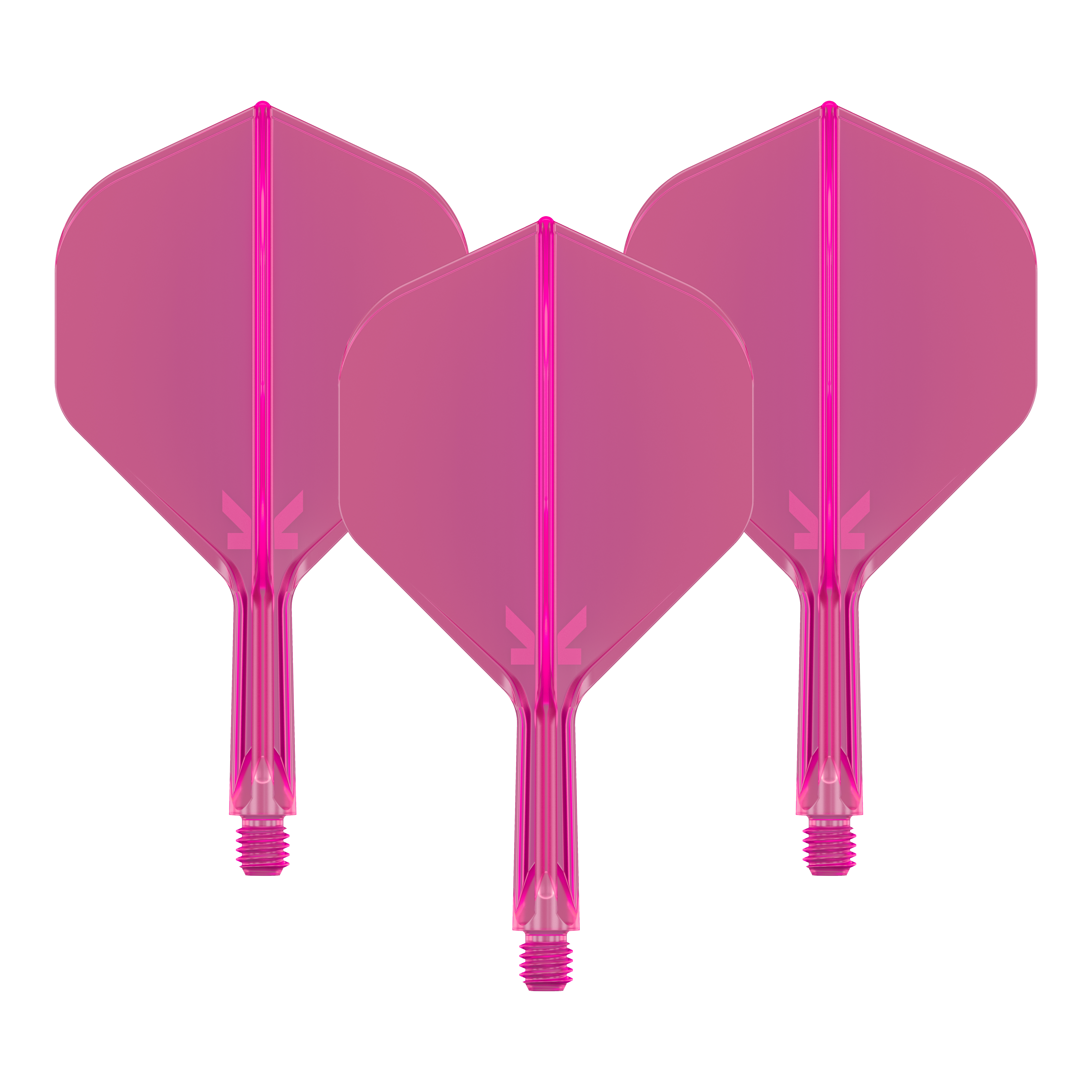 Système de vol standard Target K-Flex No2 - Rose fluo Das Bild zeigt drei pinkfarbene Dart-Flights mit Schäften. Sie sind nebeneinander angeordnet und haben eine neonpinke Farbe.