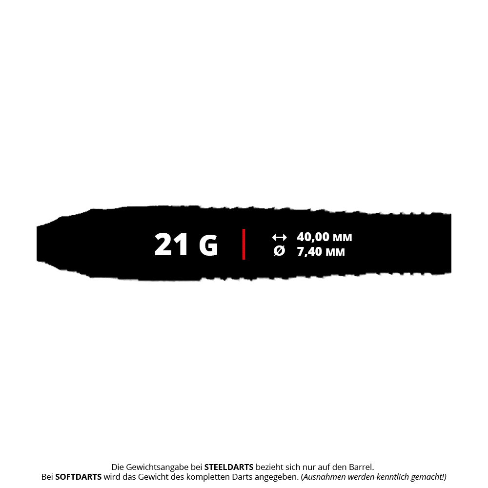 Das Bild zeigt die Produktdaten der Caliburn Wolfpack W3 Steeldarts mit einem Gewicht von 21 Gramm. Die Barrel-Länge beträgt 40,00 mm und der Durchmesser 7,40 mm.