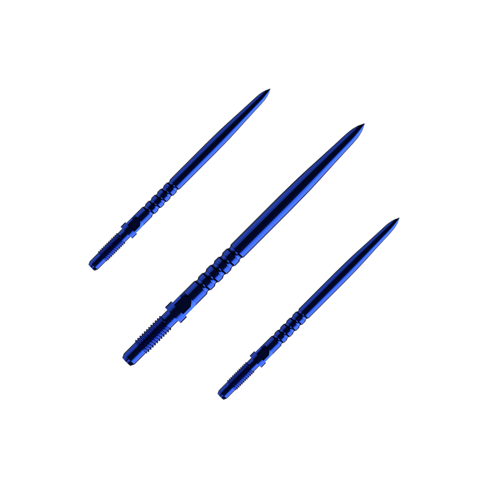 Pointes de fléchettes convertibles Bulls NL - Grip annelé - Bleues Hier sieht man ein Set aus mehreren RingedGrip Convertible Points in Blau, 32mm lang. Es sind Ersatzspitzen für Dartpfeile.