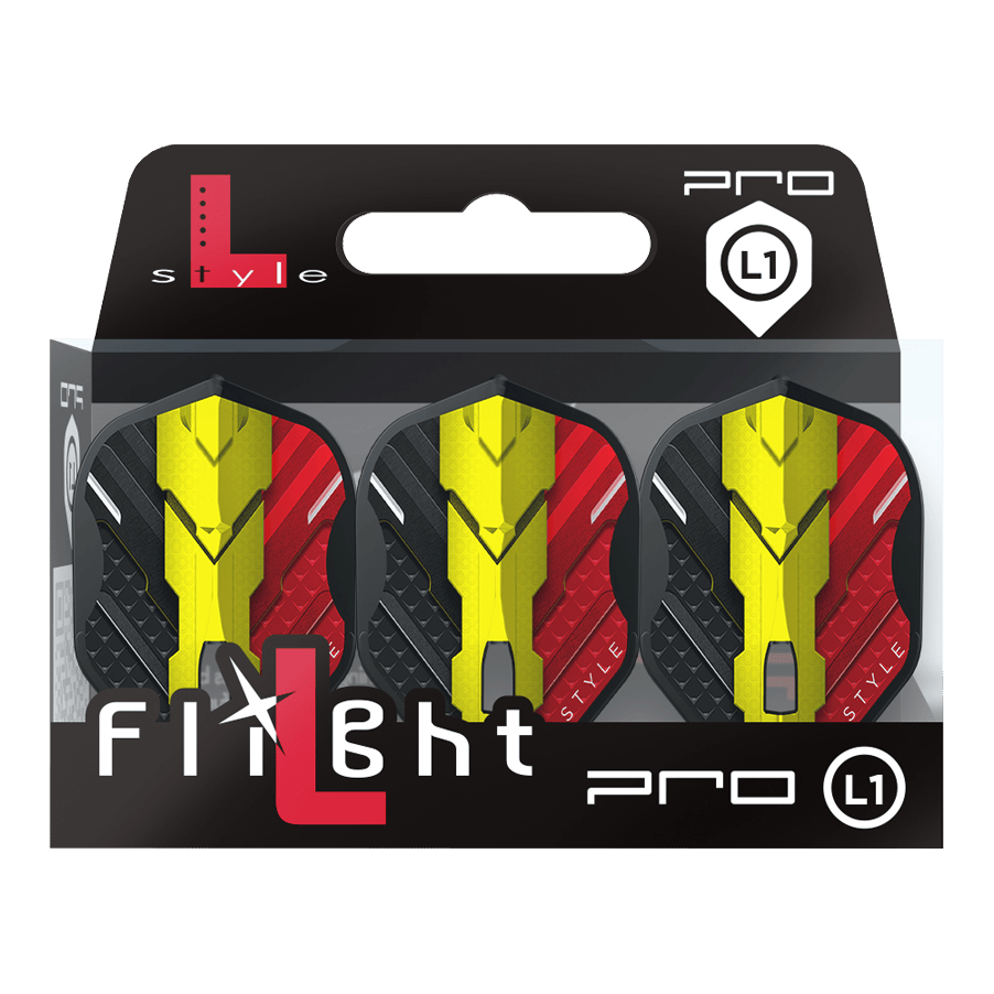 Vols L-Style V-Series V1 Type C Belgique Noir L1PRO Das Bild zeigt eine Packung mit drei Dart-Flights der Marke L-Style, Modell V-Series V1 Type C Belgium Black L1PRO. Die Flights haben ein Design in den Farben Schwarz, Rot und Gelb, inspiriert von der belgischen Flagge.