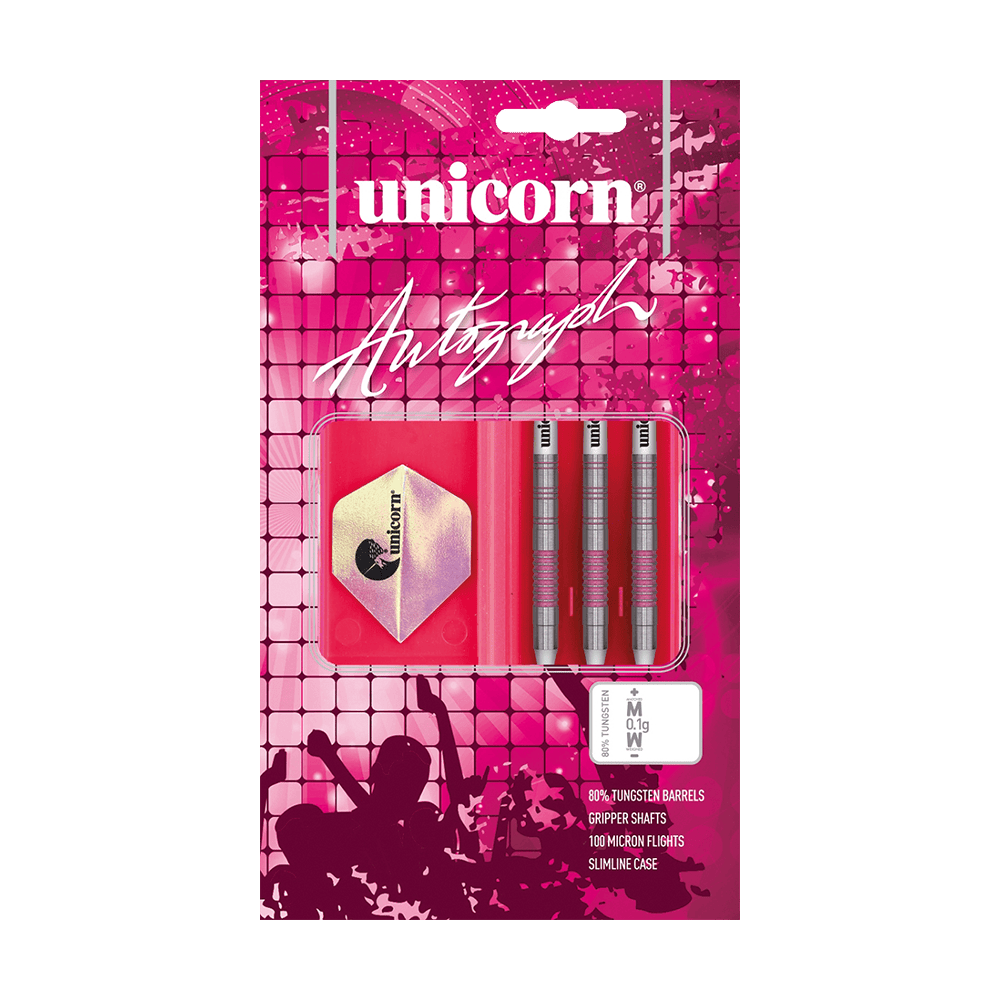 06033_Unicorn_Autograph_Softdarts_3 Das Bild zeigt das Produkt "Unicorn Autograph Softdarts - 19g" in einer Verpackung mit drei Darts und Zubehör. Die Verpackung ist überwiegend pink und enthält Informationen über die enthaltenen Materialien und Eigenschaften der Darts.