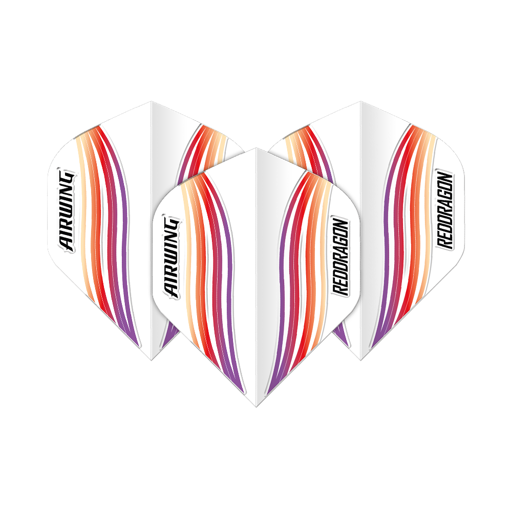 Vols standard Red Dragon Airwing Red Wave Das Bild zeigt drei Dart-Flights mit dem Namen "Red Dragon Airwing Red Wave Standard Flights". Sie sind weiß mit roten, orangen und violetten Wellenlinien und der Aufschrift "AIRWING" und "REDDRAGON".