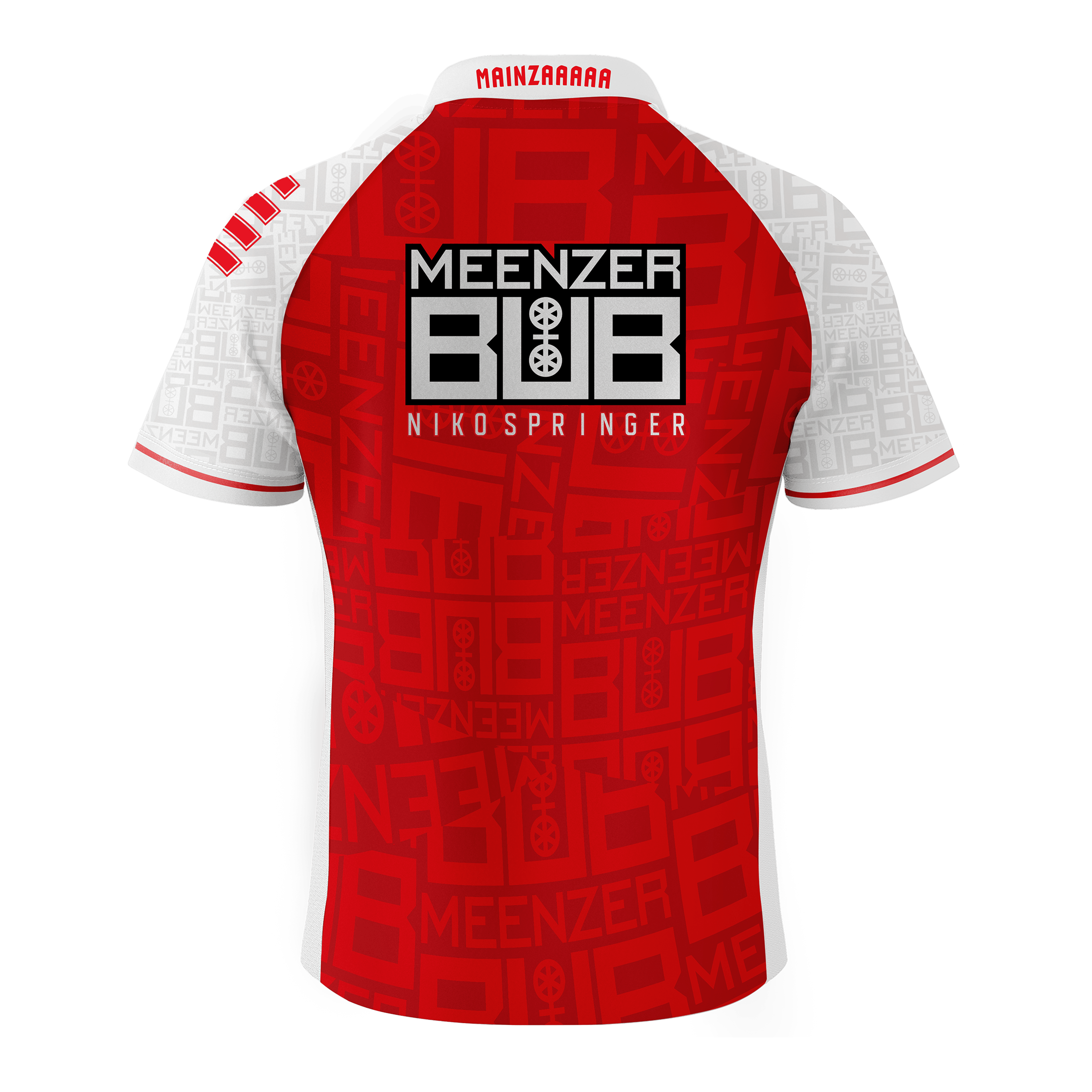 T-shirt Bulls Niko Springer Meenzer Bub Das Bild zeigt ein Dartshirt mit der Aufschrift "Meenzer Bub Nikospringer" auf dem Rücken. Das Shirt ist überwiegend rot mit weißen Ärmeln und auffälligen Mustern.