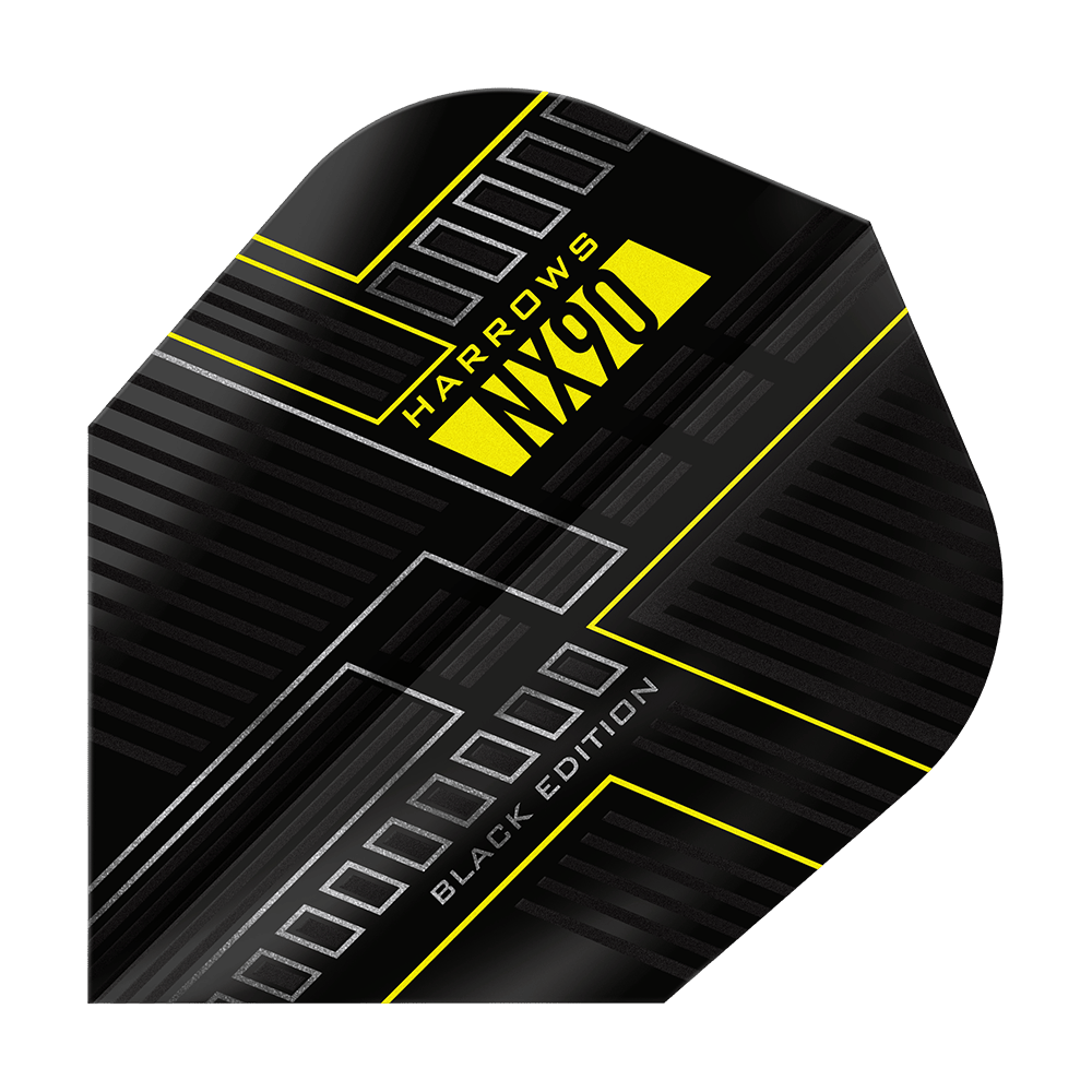 Vols Harrows NX90 Black Edition No6 Dies ist das Harrows NX90 Black-Edition No6 Flight. Das Design ist überwiegend schwarz mit gelben und silbernen Akzenten.