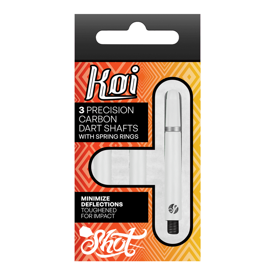 Tiges en carbone Shot Koi - Blanches Die Verpackung zeigt drei präzise Carbon-Dartschäfte mit Sprengringen der Marke Koi. Sie sind darauf ausgelegt, Ablenkungen zu minimieren und für eine hohe Schlagfestigkeit verstärkt.