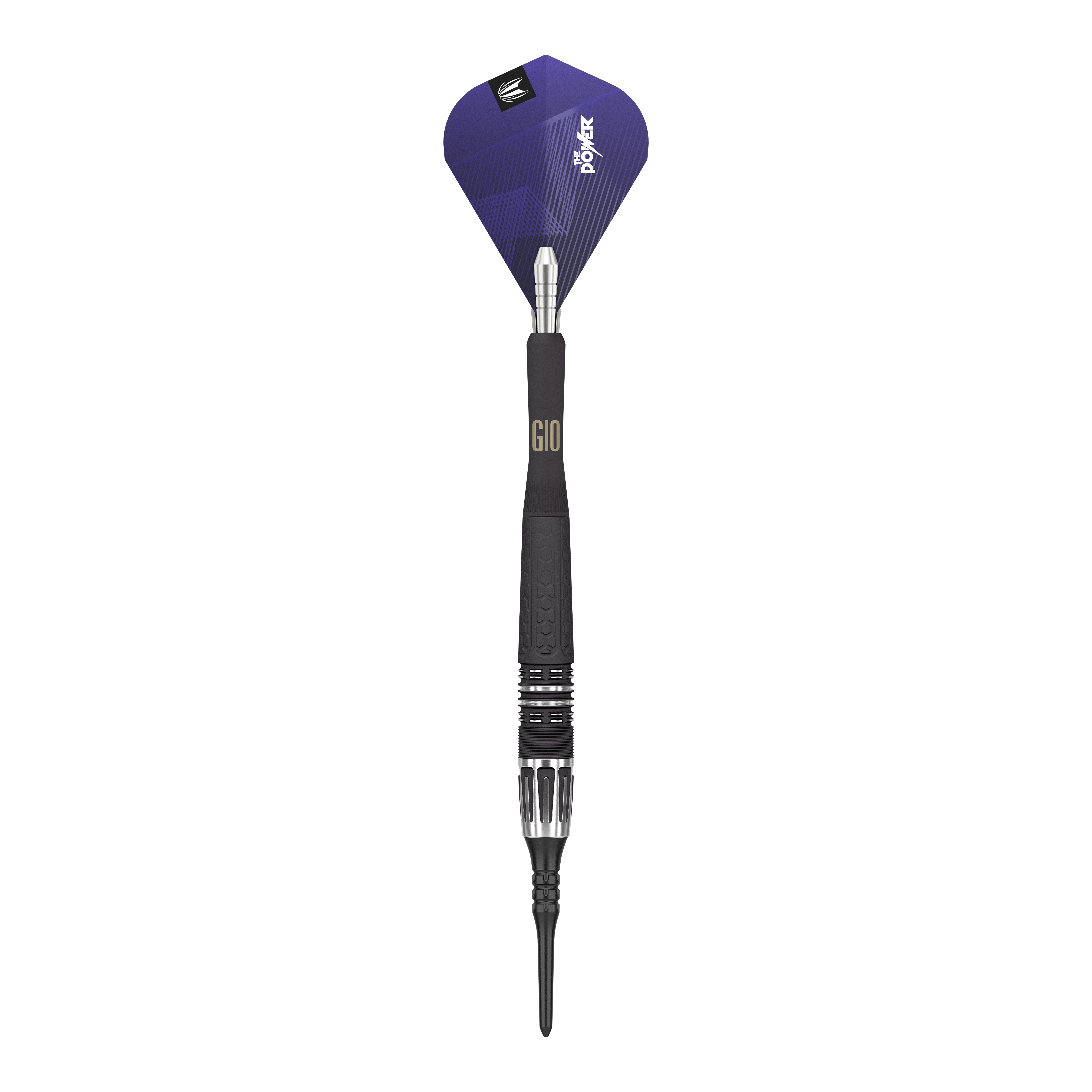 Fléchettes souples Target Phil Taylor Power 9Five GEN10 Das Bild zeigt einen modernen Softdartpfeil mit einem schwarzen und silbernen Schaft. Die Dartflügel sind lila und tragen die Aufschrift "Power".