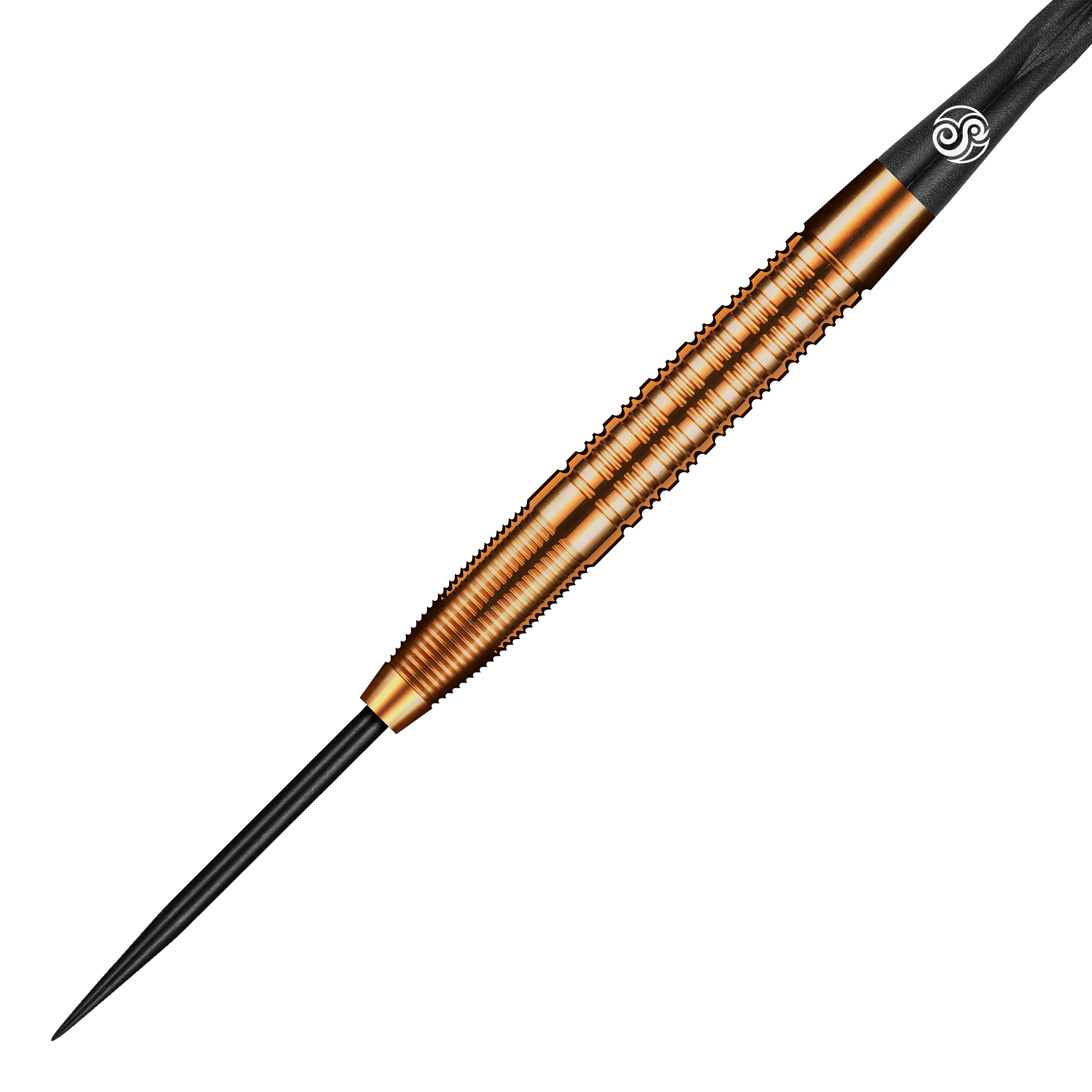 Fléchettes en acier Shot Pro Series Jake Womack - 23 g Das Bild zeigt einen Shot Pro Series Jake Womack Steeldart mit einem Gewicht von 23g. Der Dartpfeil hat ein auffälliges, bronzefarbenes Design mit feinen Rillen am Griff.
