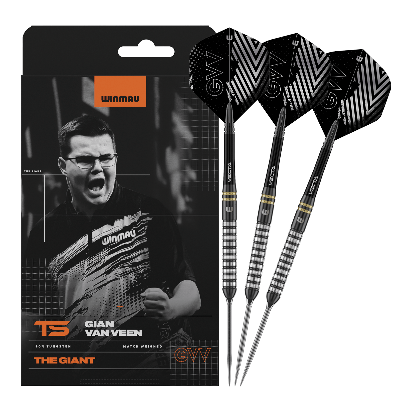 Fléchettes en acier Winmau Gian Van Veen TS Switch Point Abgebildet ist Winmau Gian Van Veen TS Switch Point Steeldarts. Die Darts sind vollständig nebeneinander dargestellt.