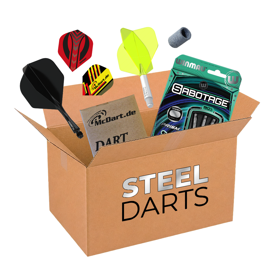 Boîte mystère McDart - Steeldarts Auf dem Bild befindet sich die McDart Mystery-Box - Steeldarts. Die Box beinhaltet verschiedene Steeldarts und Zubehör.