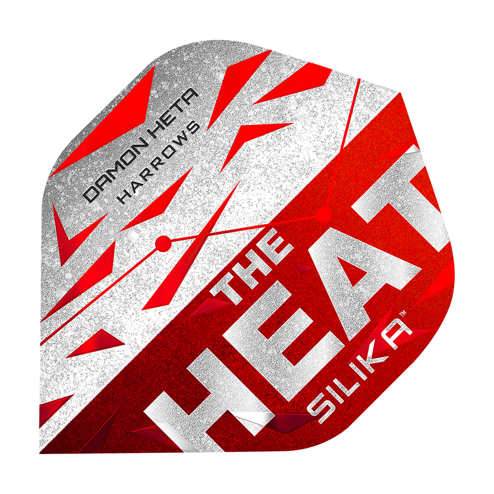 Vols Silika Damon Heta série 3 de Harrow Das Bild zeigt ein Dart-Flugblatt mit dem Namen "Harrows Silika Damon Heta Series 3 Flights". Es ist in den Farben Rot, Weiß und Silber gestaltet und trägt die Aufschrift "THE HEAT SILIKA" sowie "DAMON HETA HARROWS".