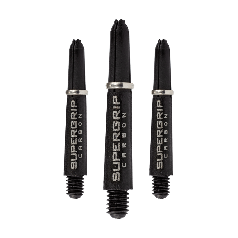 Das Bild zeigt drei Harrows Supergrip Carbon Shafts in Silber. Die Dartschäfte sind aus robustem Carbon gefertigt und haben ein modernes Design.