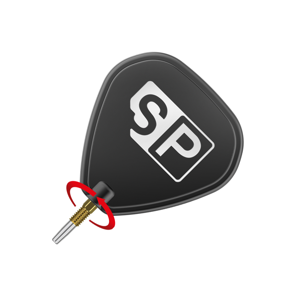 Pointes de fléchettes Target Swiss Point Nano - Or Das Bild zeigt eine schwarze Dart-Flight mit der weißen Aufschrift "SP". Unten ist eine goldfarbene Dartspitze mit silberner Spitze zu sehen.