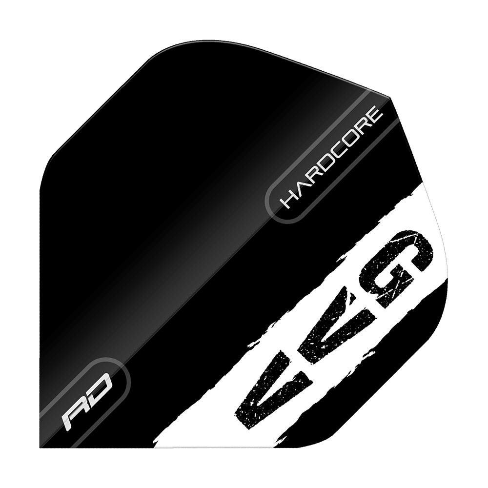 Vols standard Red Dragon Hardcore Gian Van Veen Black Logo Das Bild zeigt ein schwarzes Dart-Flight mit weißen und grauen Akzenten. Auf dem Flight stehen die Wörter "HARDCORE", "RD" und die Buchstaben "GVG".