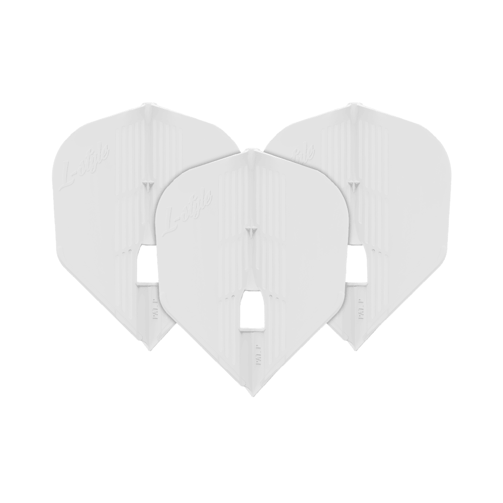 L-Style KAMI L3KPRO Flights Auf dem Bild sind drei weiße Dartflights der Marke L-Style zu sehen. Sie sind nebeneinander angeordnet und haben eine standardisierte Form.
