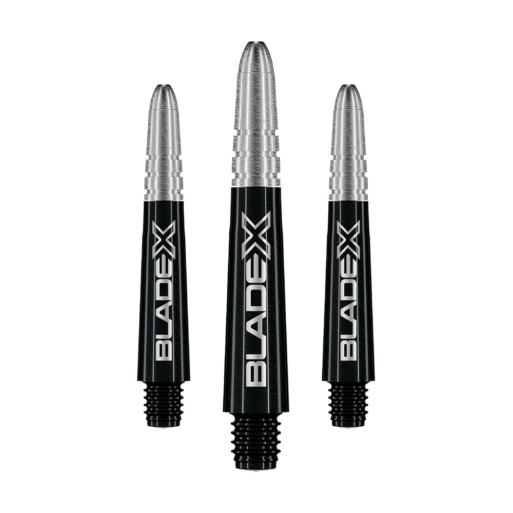 Manche Winmau Vecta Blade X - Noir Gezeigt wird ein Set schwarzer Dartshafts mit der Bezeichnung Winmau Vecta Blade X, 34 mm. Das Set ist für Dartspieler geeignet.