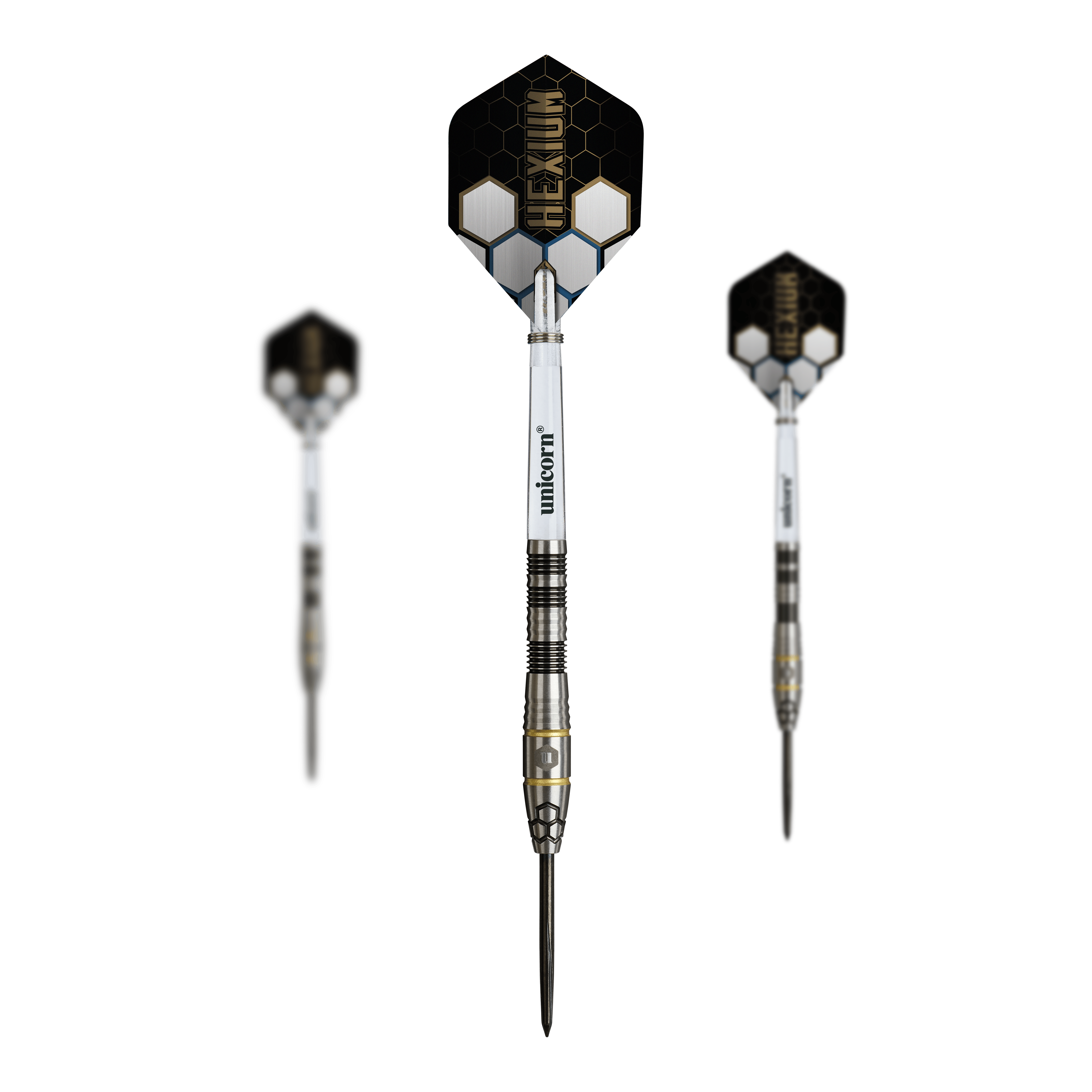 Fléchettes en acier Unicorn Hexium Style 01 Noir et Or Das Bild präsentiert das Set der Unicorn Hexium Style 01 Black & Gold Steeldarts. Die Steeldarts sind in einer ansprechenden Schwarz-Gold-Optik dargestellt.