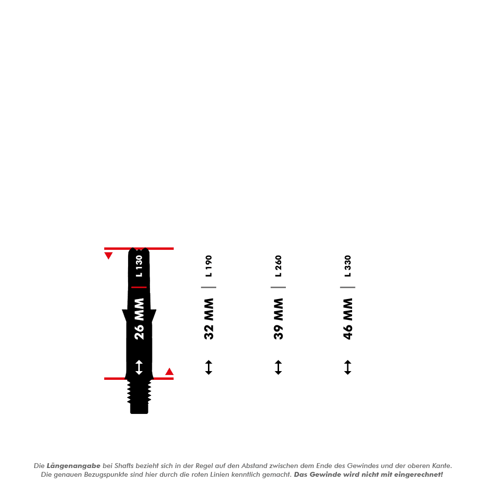 Arbres en L Silent Straight - Noir Das Bild zeigt verschiedene Längen von L-Style L-Shafts ohne Kappen, beginnend bei 26 mm. Die Längenangaben beziehen sich auf den Abstand zwischen dem Gewindeende und der oberen Kante, das Gewinde selbst wird nicht mitgerechnet.